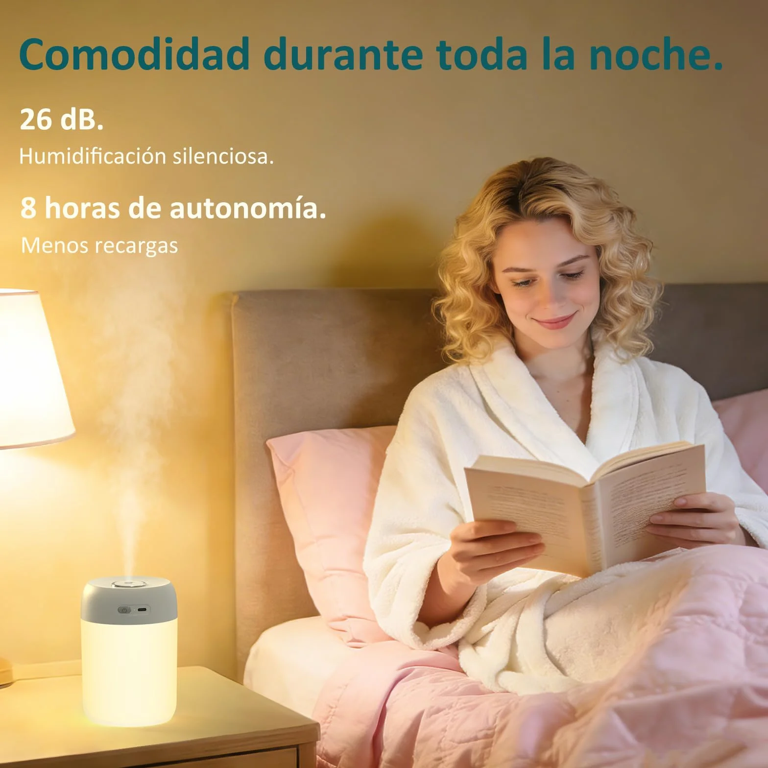 KISSLEAF Bezprzewodowa lampka nocna mini nawilżacz powietrza do sypialni 650 ml do sypialni, pokoju dziecięcego, roślin, długość 15 godzin 28 dB cichy (ciepłe światło szare)