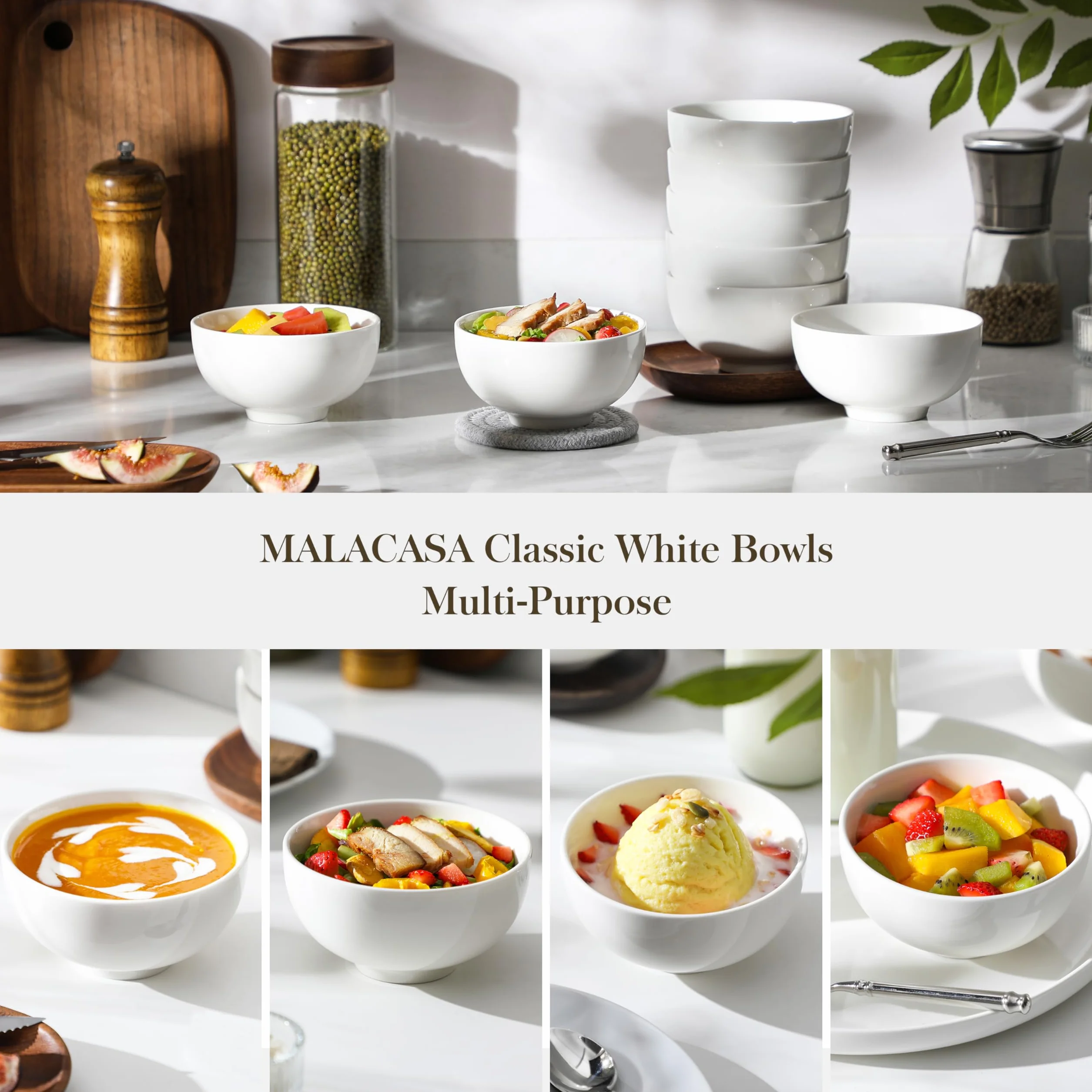 MALACASA Seria REGULAR 8 białych porcelanowych miseczek na płatki śniadaniowe 300 ml, okrągłe miski śniadaniowe 11,5 cm, salaterki, miski na sałatkę i ryż