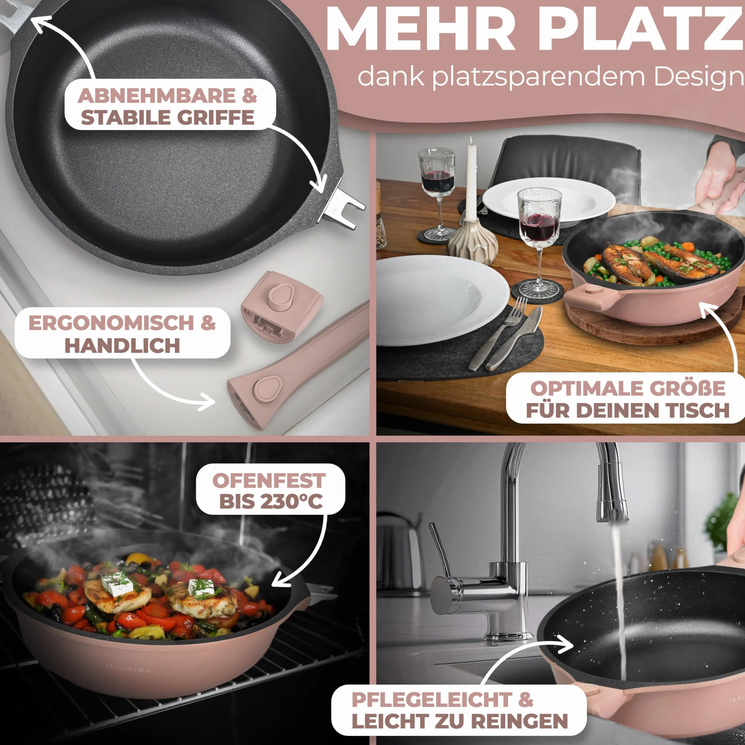 TRAUMLEBEN® Patelnia 28 cm z pokrywką, zdejmowane uchwyty i wskaźniki ciepła, nie zawiera PFOA, nadaje się do kuchenek indukcyjnych, powlekana patelnia z wysoką krawędzią do smażenia, duszenia, duszenia, gotowania i delektowania się