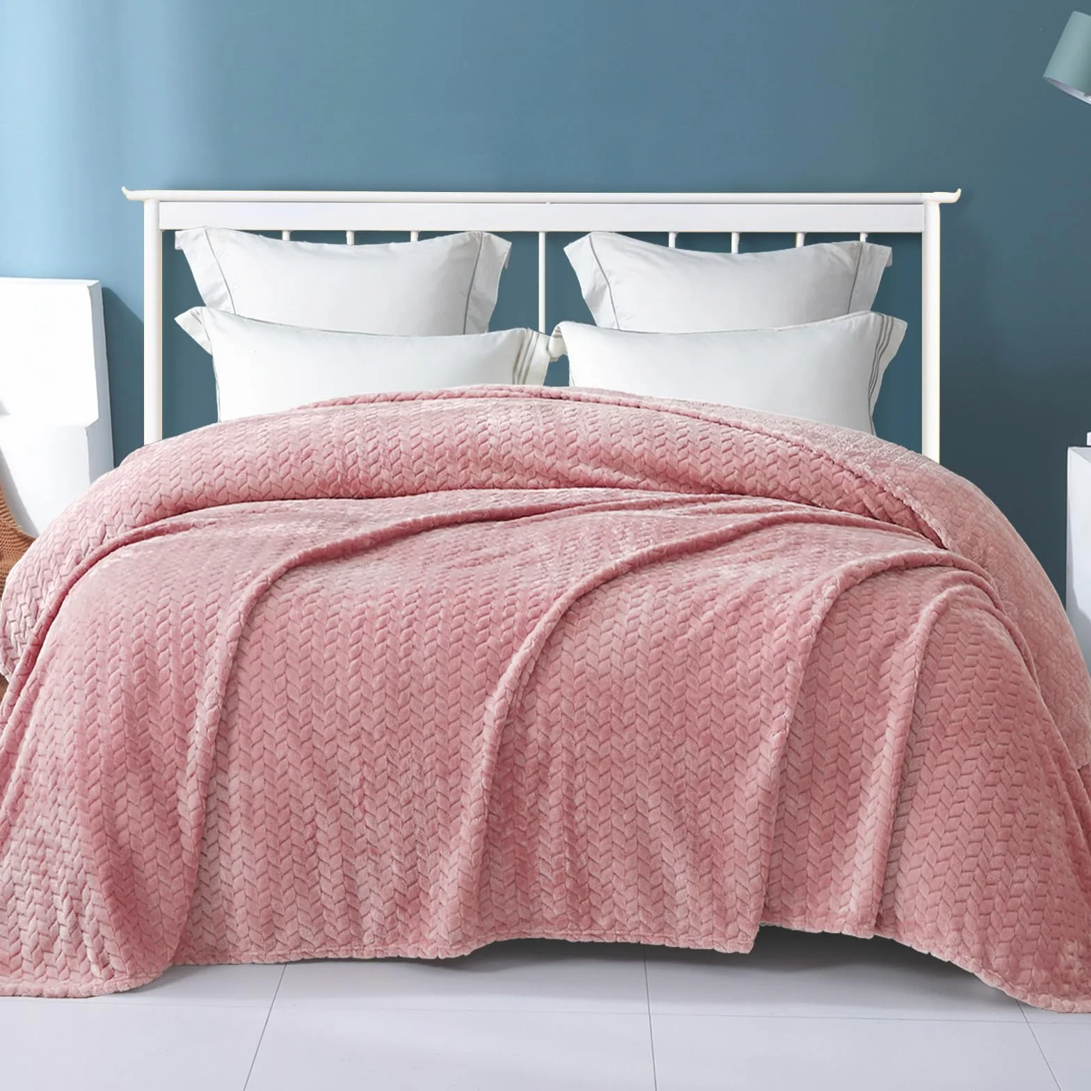 Exclusivo Mezcla Podwójny rozmiar żakardowy splot liście wzór flanelowy polar aksamit pluszowy koc na łóżko jako narzuta / narzuta na łóżko (230 x 168 cm, różowy) - miękki, lekki, ciepły i przytulny