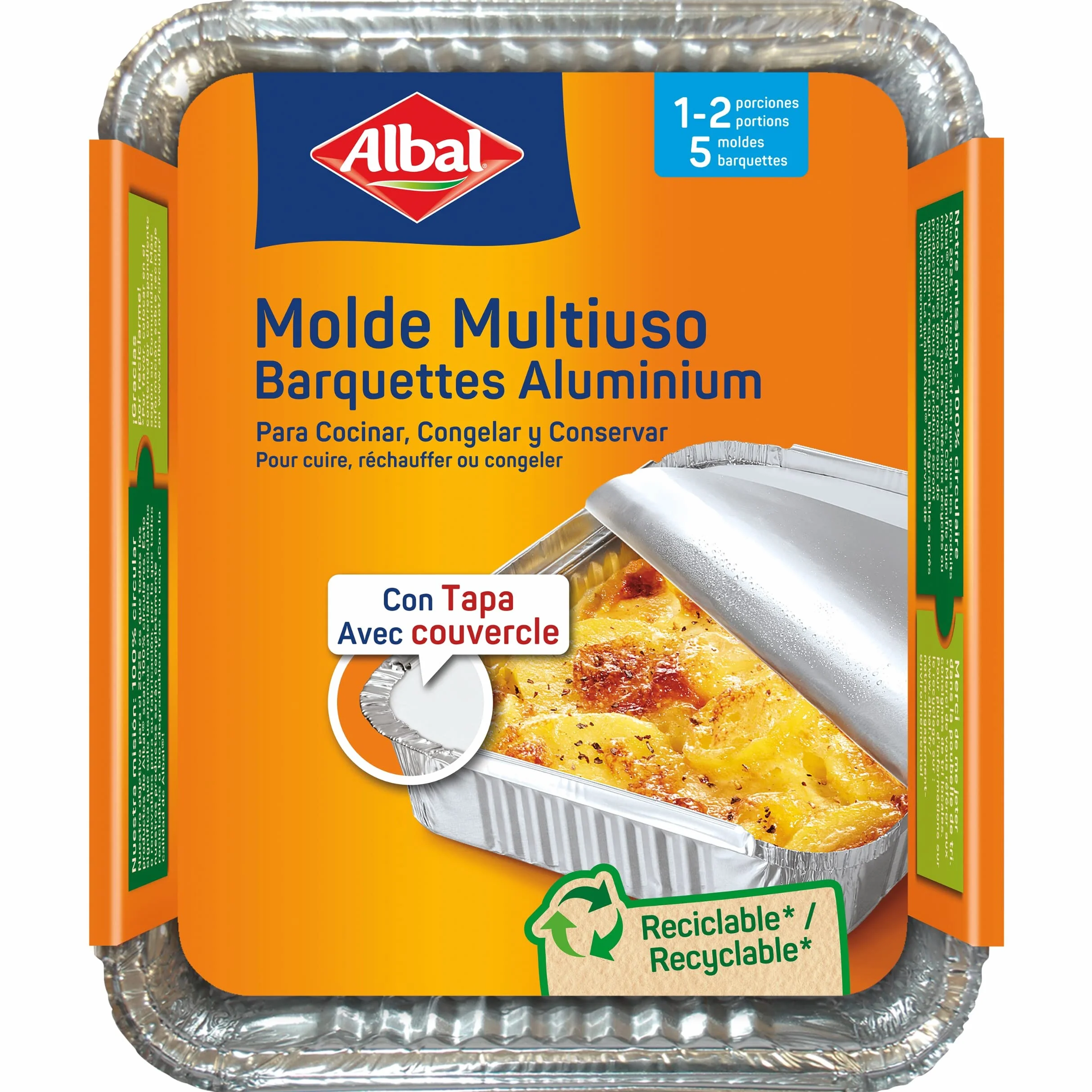 Albal Formy aluminiowe 204080-0,5 l, 14 x 13 x 6,5 cm z pokrywką, jednorazowe, wielofunkcyjne do grillowania, zamrażania i konserwowania, 1-2 porcje, 5 sztuk