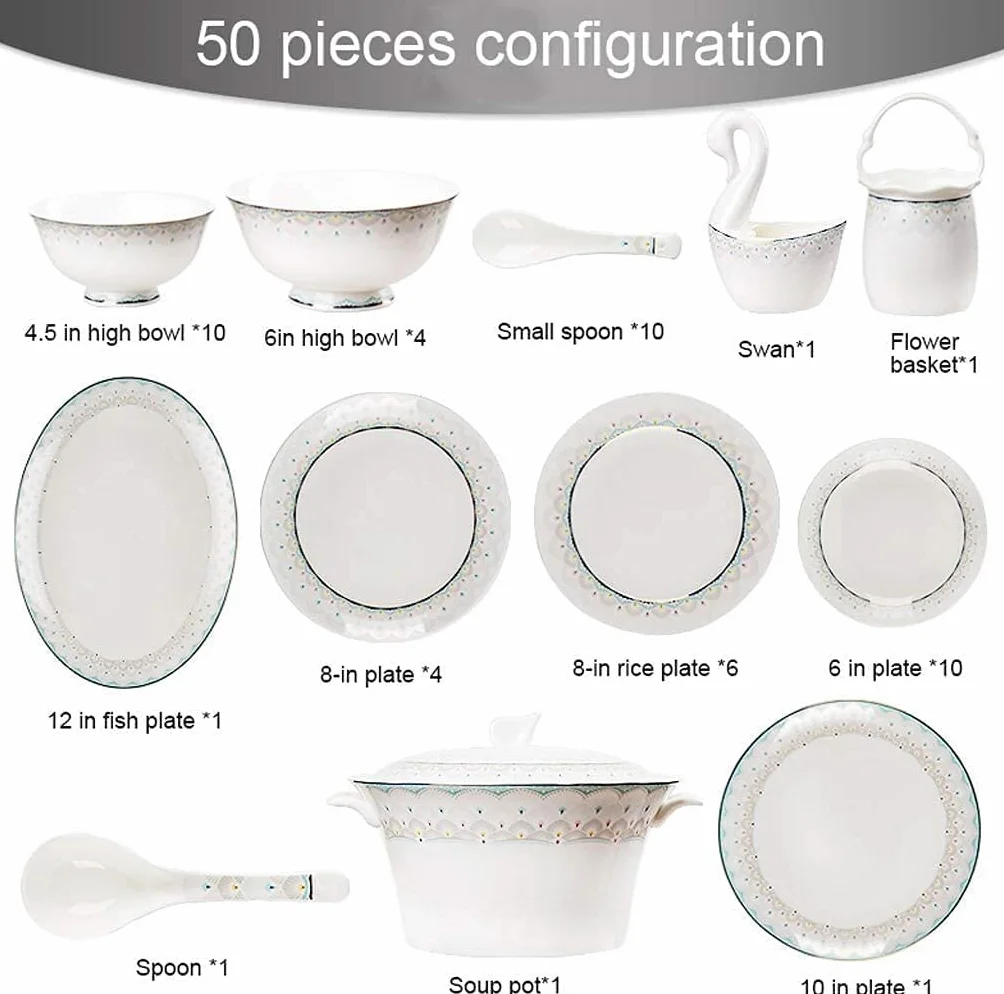 Zestaw zastawy stołowej, zestaw naczyń ceramicznych z 50-częściowym niebieskim wzorem porcelanowym zestawem kombinacji - kompletny serwis zastawy stołowej na przyjęcia obiadowe