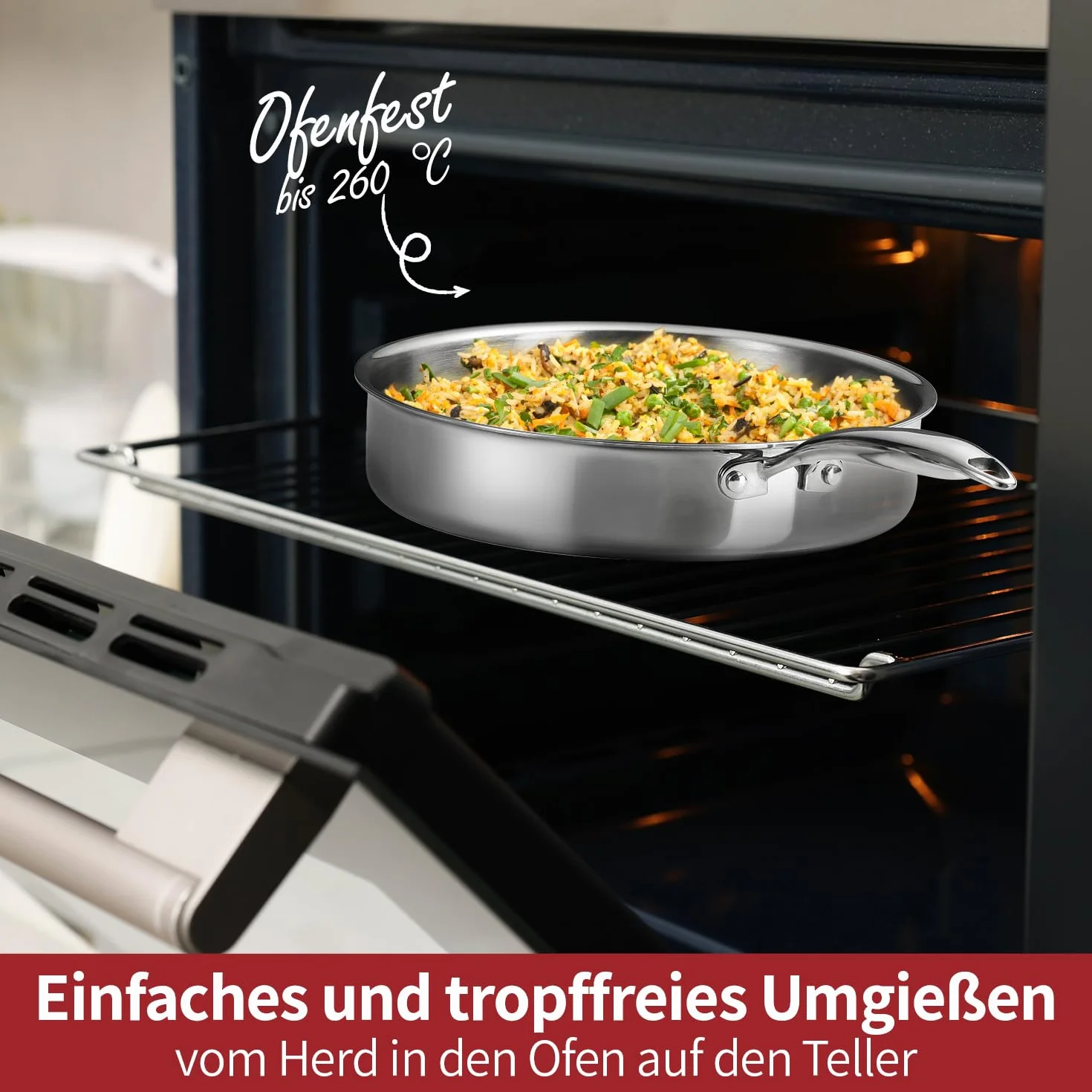 Stainless Steel Frying Pan 22 cm Non-Stick – 3-Ply Induction Pan with Aluminum Core – Cool Hollow Handle – Oven-Safe up to 260°C – Pan for Frying, Sautéing, Searing, Braising, Roasting
