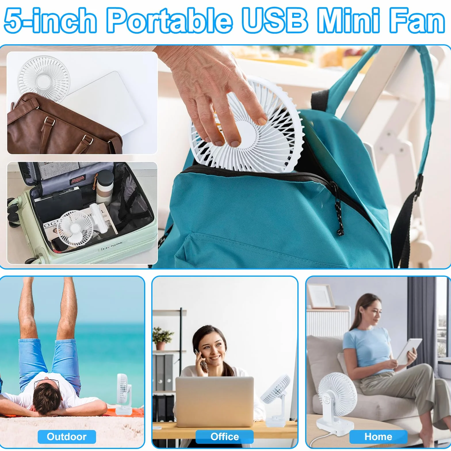Qingning Cichy wentylator biurkowy USB, przenośny mini wentylator stołowy z 4 prędkościami, mały wentylator o mocy 5 cali, 4000 mAh, do domu, sypialni, biura, na zewnątrz (biały)