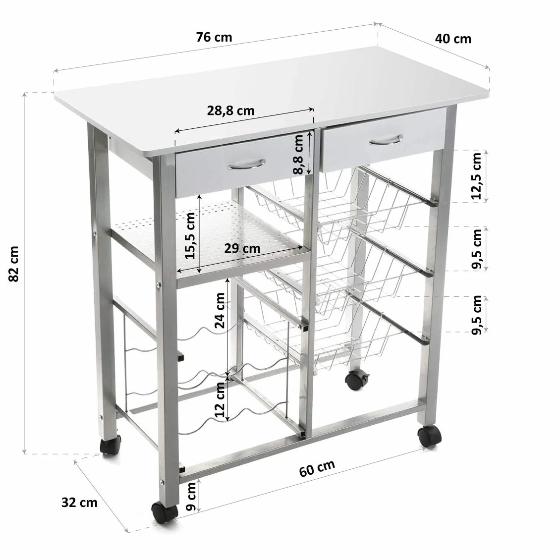 Versa Leicester wózek kuchenny z kółkami, szufladami i regałem na butelki, stojak na warzywa, półka kuchenna, wymiary (wys. x dł. x szer.) 82 x 40 x 76 cm, drewno i metal, kolor: biały