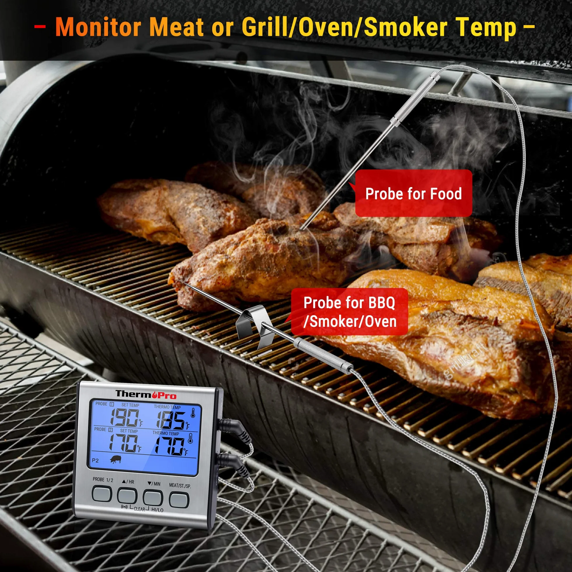ThermoPro TP17 Cyfrowy termometr do mięsa Termometr do żywności Podwójne sondy temperatury żywności do palacza Piekarnik kuchenny Duży termometr kuchenny z podświetleniem LCD z alarmem czasowym