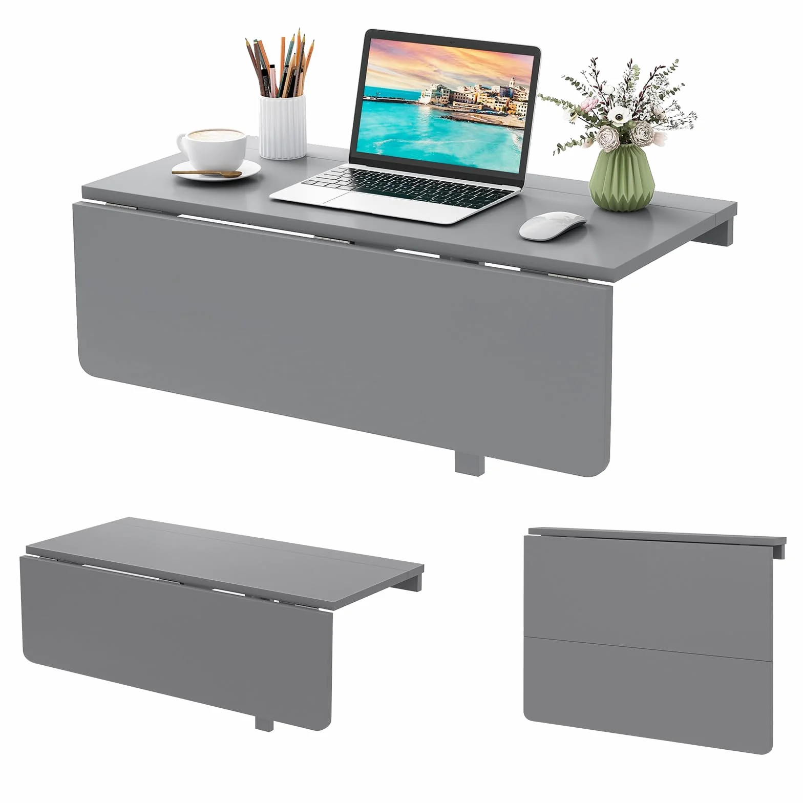 COSTWAY Składany stół ścienny 80x60 cm szary do kuchni jadalni gabinetu