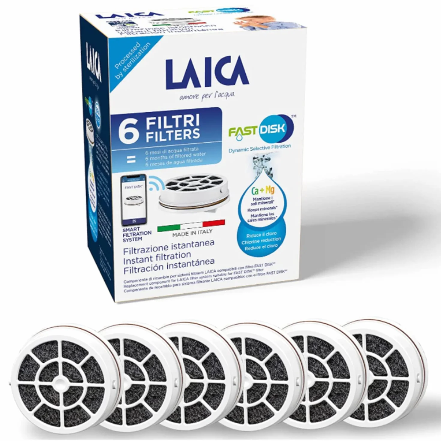 Laica Filtr Fast Disk do butelki z filtrem, opatentowany z węglem aktywnym, 100% Made in Italy, natychmiastowa filtracja, żywotność 1 miesiąc/120 l, 6 sztuk