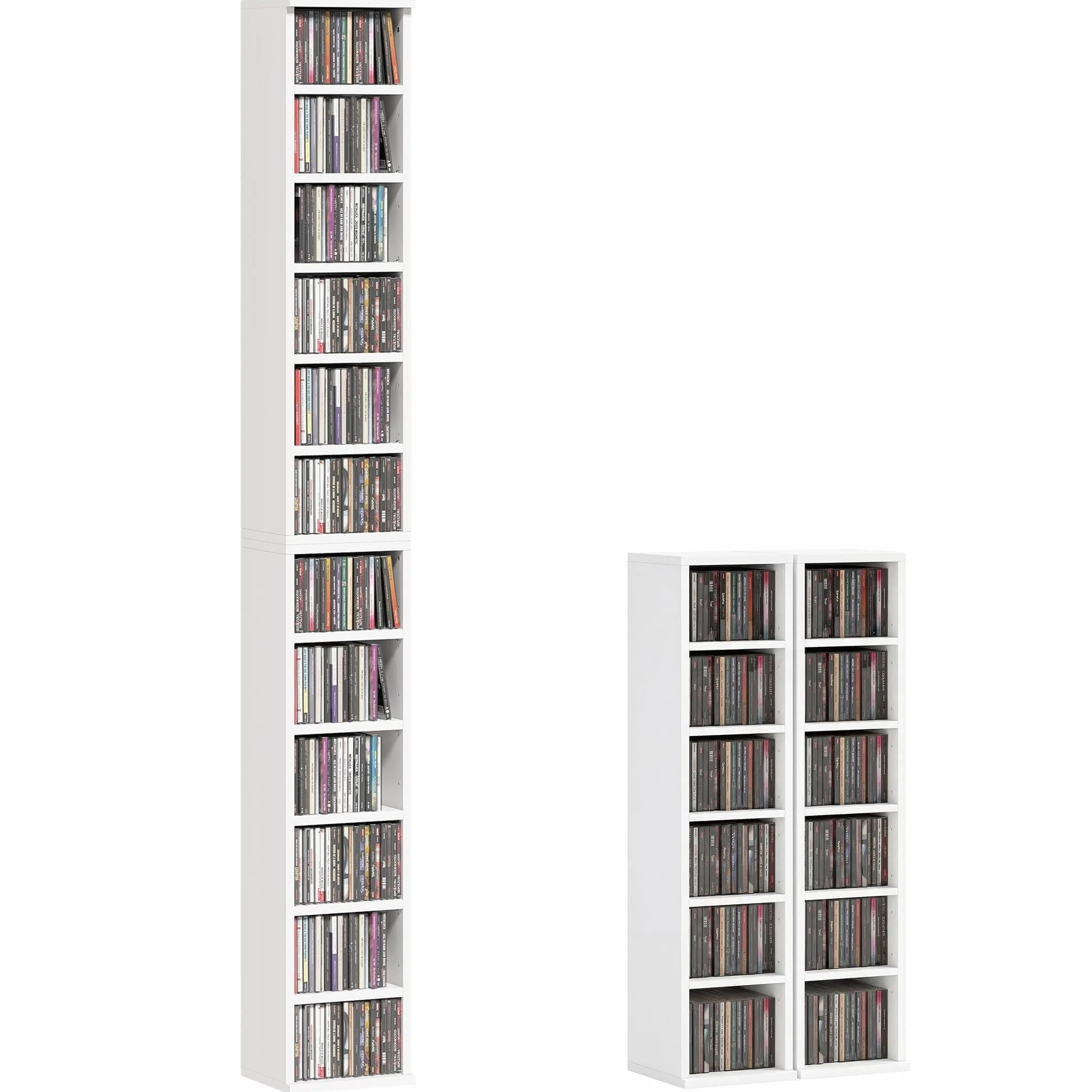 HOMCOM Regał na płyty CD, DVD i Blu-ray, zestaw 2 sztuk, możliwość układania w stos, 21 x 22,5 x 88,5 cm, biały | Regał na płyty CD, regał stojący z 5 regulowanymi półkami, regał na media, regał dekoracyjny
