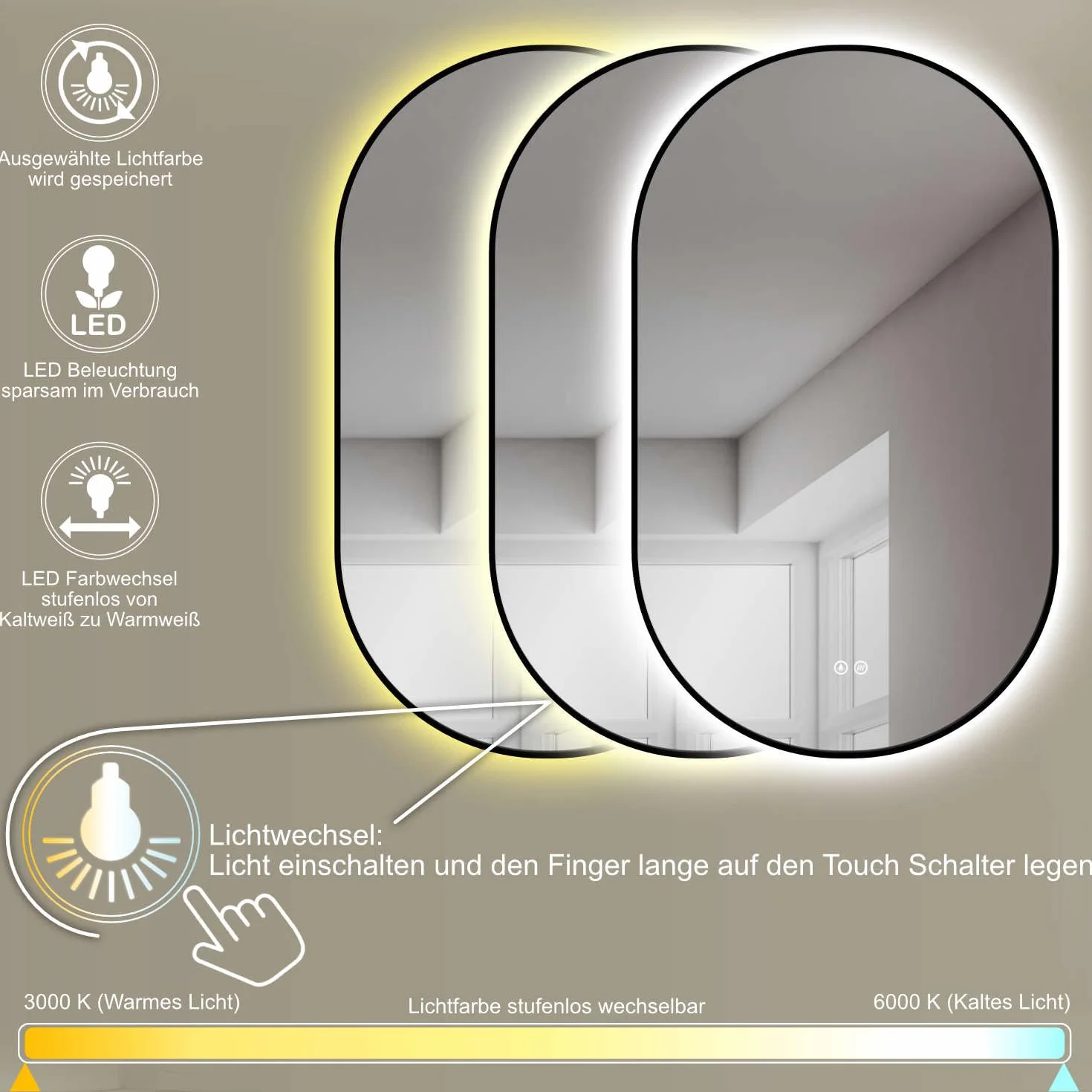 HOKO Designerskie lustro LED przeciwmgielne owalne 60 x 100 cm / 100 x 60 cm Florencja + metalowa rama czarna. Montaż pionowy + poziomy. Lustro łazienkowe duże + 2 przełączniki dotykowe + światło LED