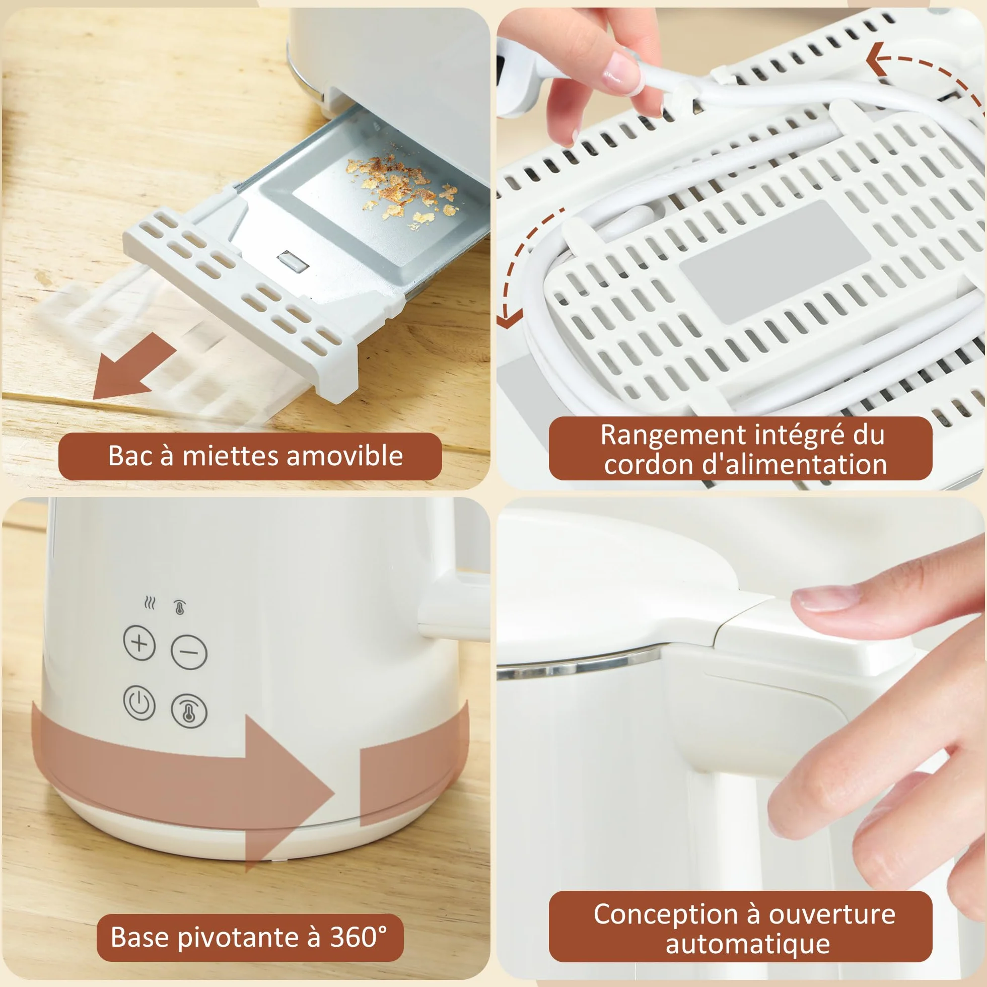 HOMCOM Zestaw czajnika i tostera 2200 W, czajnik ze stali nierdzewnej 1,5 l z izolacją i tosterem, 2 kromki, 7 poziomów brązowienia, rozmrażania, podgrzewania i tacy na okruchy, kremowy