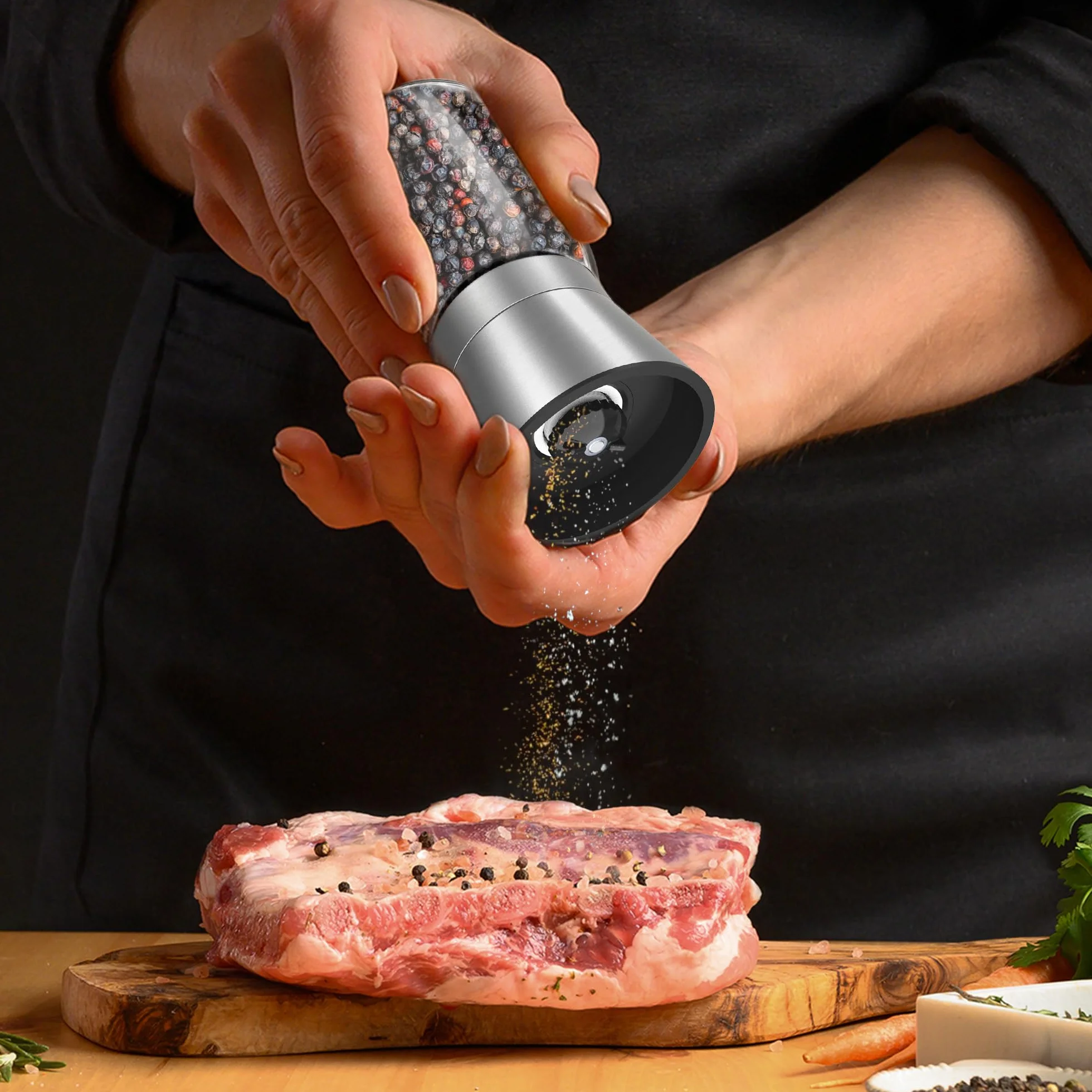 KitchenBoss Młynek do pieprzu: 2 sztuki, regulowany młynek do soli, pieprzu z ceramicznym rdzeniem do mielenia, domu lub kuchni [bez zawartości przypraw]