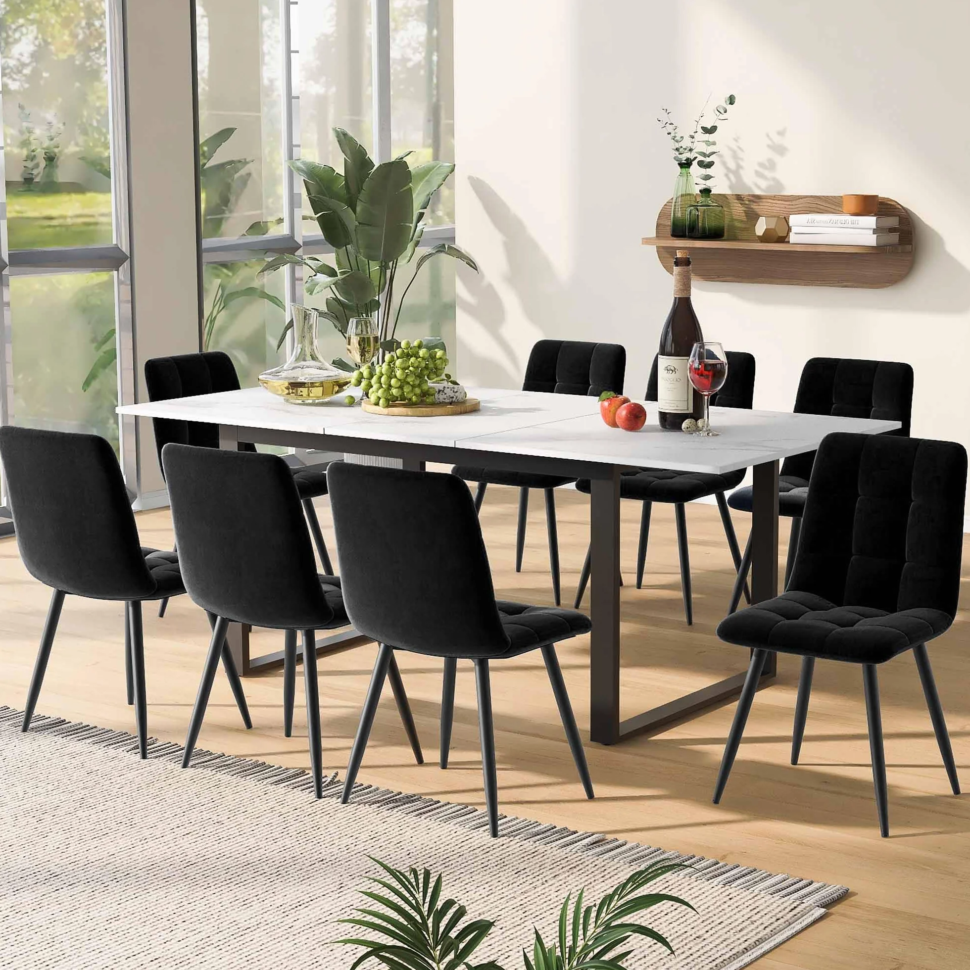 Nowoczesny stół do jadalni z 8 krzesłami, składany, wysuwany (140/180 x 80 x 75 cm), biały blat z płyty MDF, czarny aksamit, elastyczne nóżki regulacyjne, idealny dla rodziny i spotkań towarzyskich.