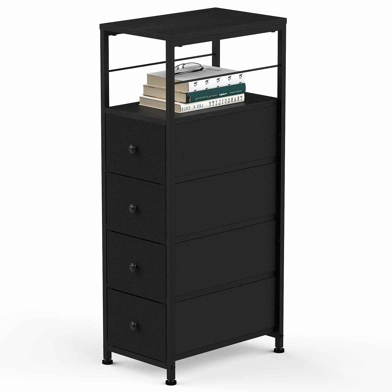 Komoda wąska szafka z 4 szufladami z materiału, szafa z szufladami, wieża do przechowywania, organizer do sypialni, salonu, kuchni, biura, korytarza, 87 x 40 x 25,4 cm, czarna