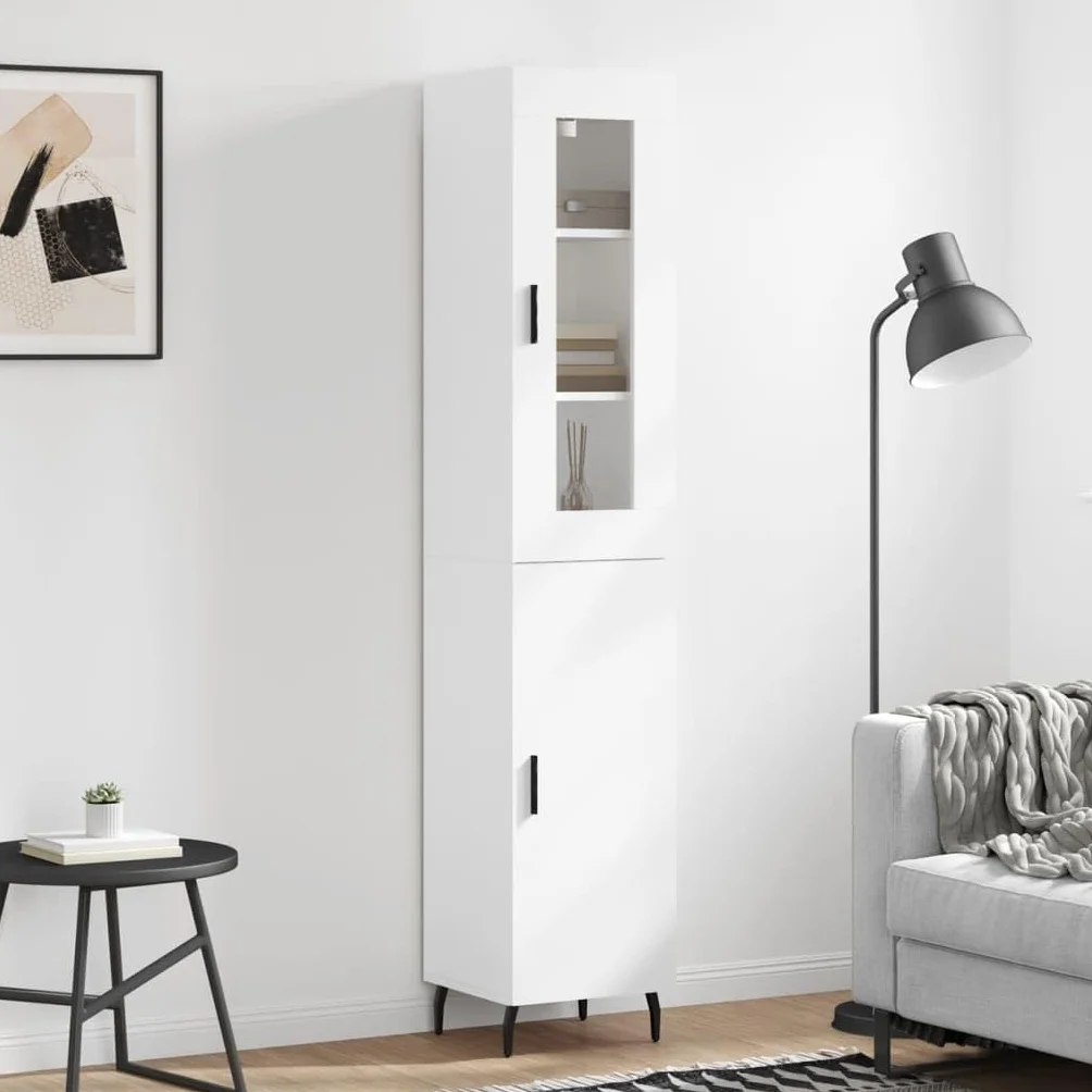 Générique Bufet wysoki biały 34,5x34x180 cm z drewna inżynieryjnego, szafka do przechowywania z metalowymi drzwiami i nogami, duża przestrzeń do przechowywania do organizacji codziennych niezbędnych