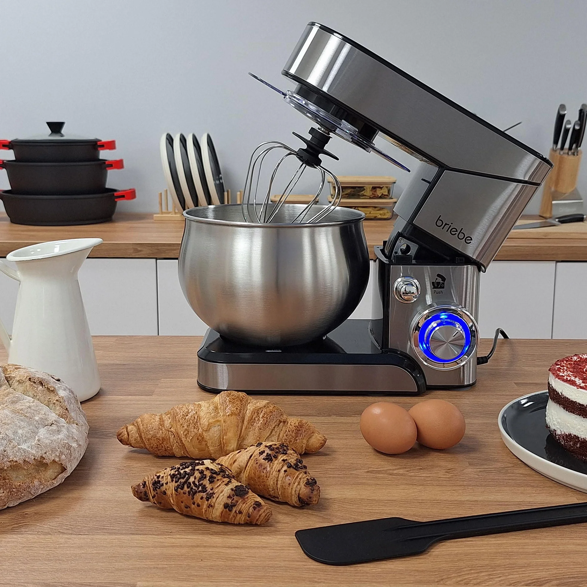 briebe Mikser do ciasta 1800 W MAX, profesjonalny robot kuchenny, ruch orbitalny, pręty, hak do ciasta, łopatka do mieszania, 5 l, 6 prędkości + funkcja pulsu, Inox KM1114