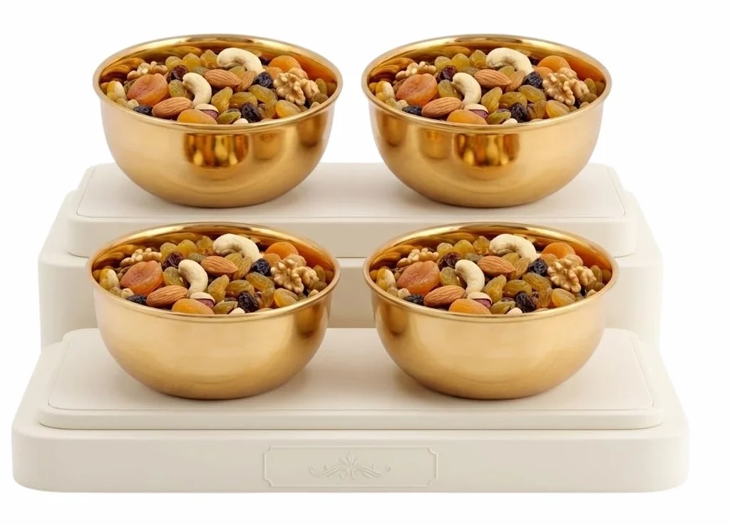 BRACOP® Mosiężna okrągła miska do serwowania Katori zestaw 4 szt. do jadalni, przekąsek, akcesoria kuchenne, dekoracja stołu, mosiężny pojemnik, miska, zestaw przyborów kuchennych, świąteczne prezenty