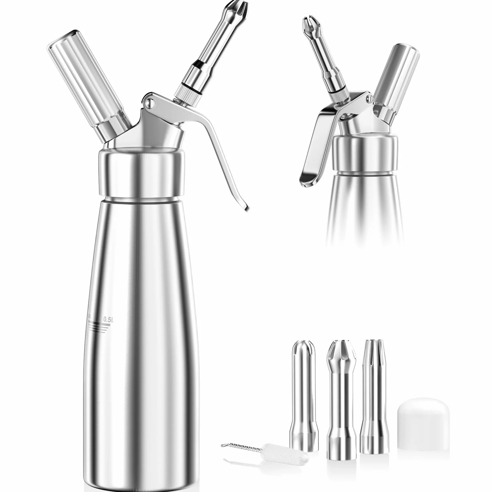 Newaner Syfon do bitej śmietany 500 ml, z aluminium, z 3 końcówkami ze stali nierdzewnej, 1 szczotka do czyszczenia, do dekoracji tortów urodzinowych, ciast, lodów i deserów