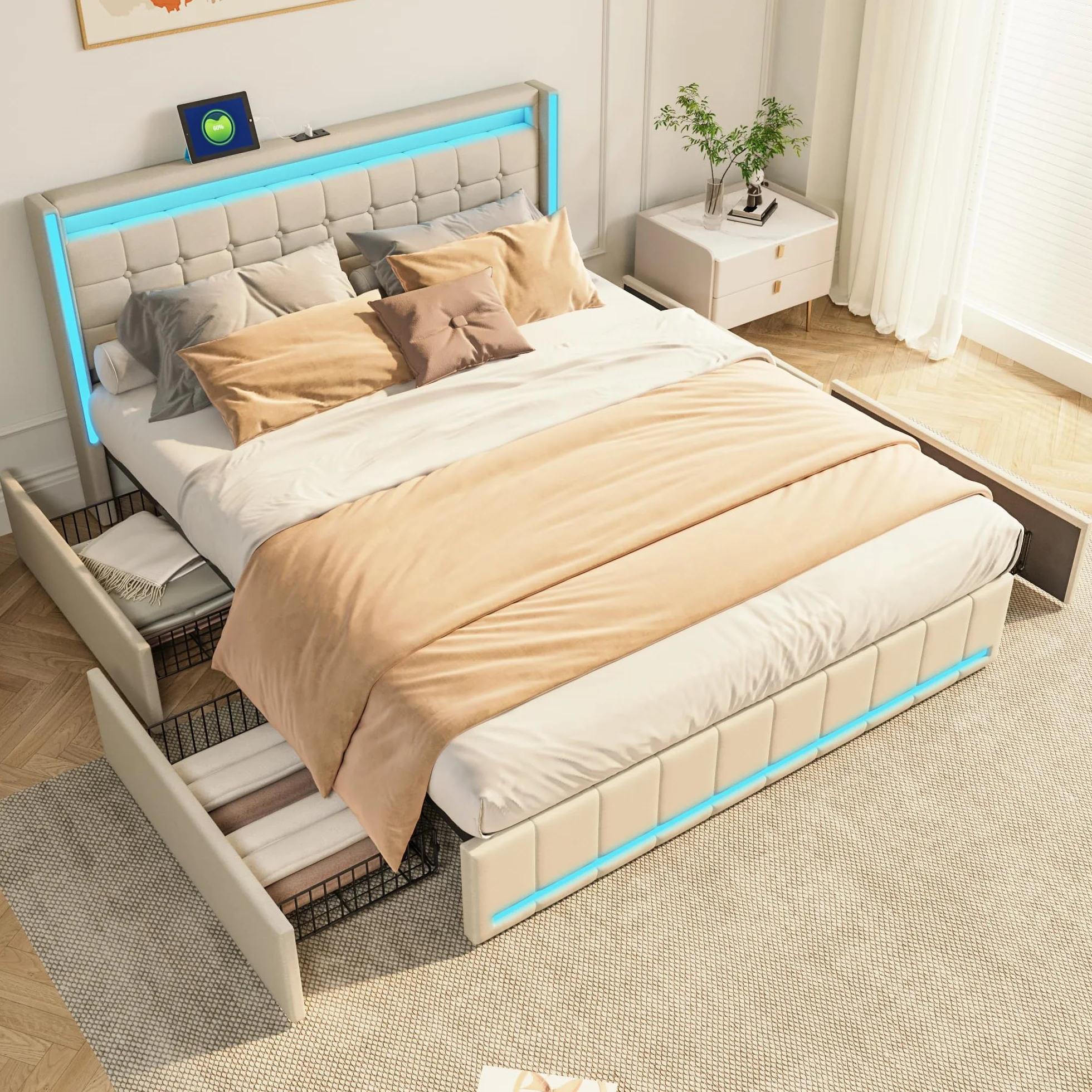 BRILVERDE Łóżko tapicerowane, podwójne 140 x 190 cm z miejscem do przechowywania, łóżko z 4 szufladami, zagłówek LED, z funkcją ładowania USB, lniane (beżowe, 140 x 190 cm)