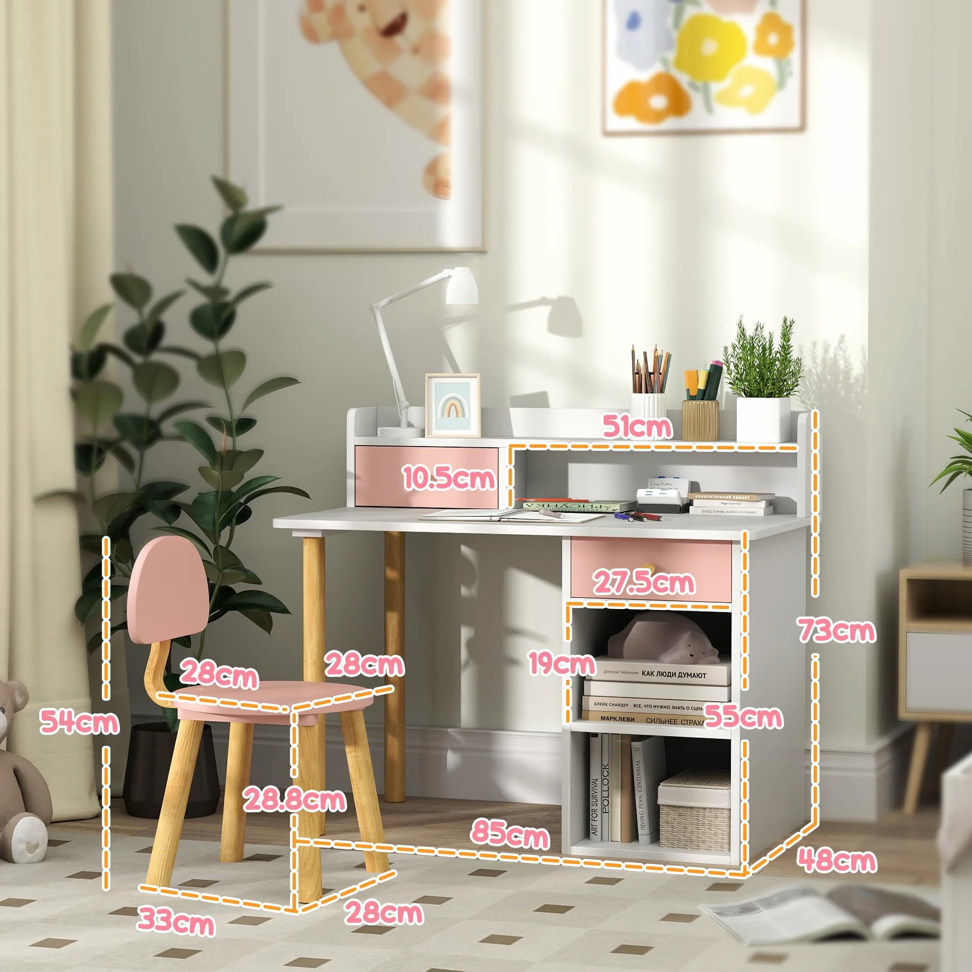 AIYAPLAY Kids Desk and Chair Set, Children Study Table with Hutch, Storage, Drawer, Shelves, for Studying, Reading, Drawing, for Ages 3-8 Years, Pink