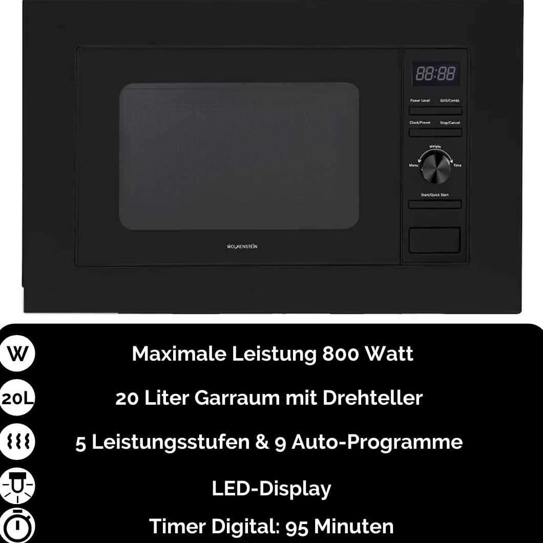 Wolkenstein WMW800-20GB EB Einbau Mikrowelle, 60 cm breit, 800 W, 20 L, 6 Leistungsstufen, Auftaufunktion, Grill 900 W, Kindersicherung, Schwarz