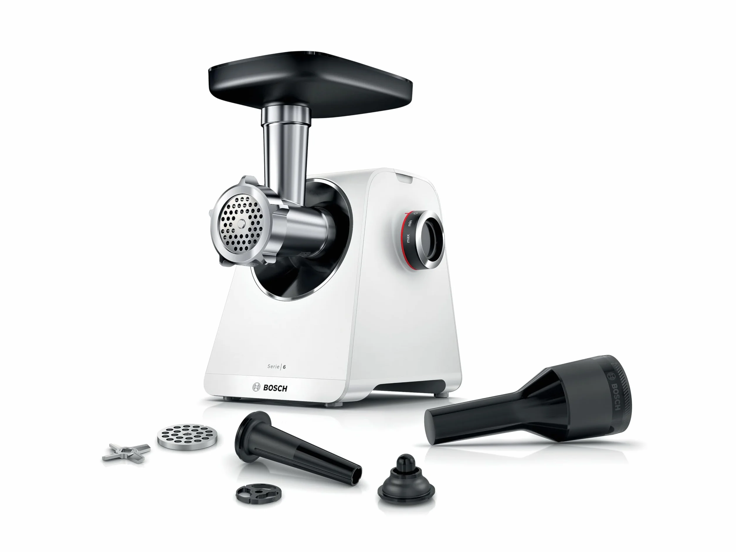 Bosch maszynka do mięsa seria 6 MFWS607W, 3,5 kg/min, 2 tarcze perforowane (4,5 i 8 mm), 2 stopnie, powrót, popychacz do kiełbasy, nasadka do kebbe, silnika 10 J, przekładnia planetarna,