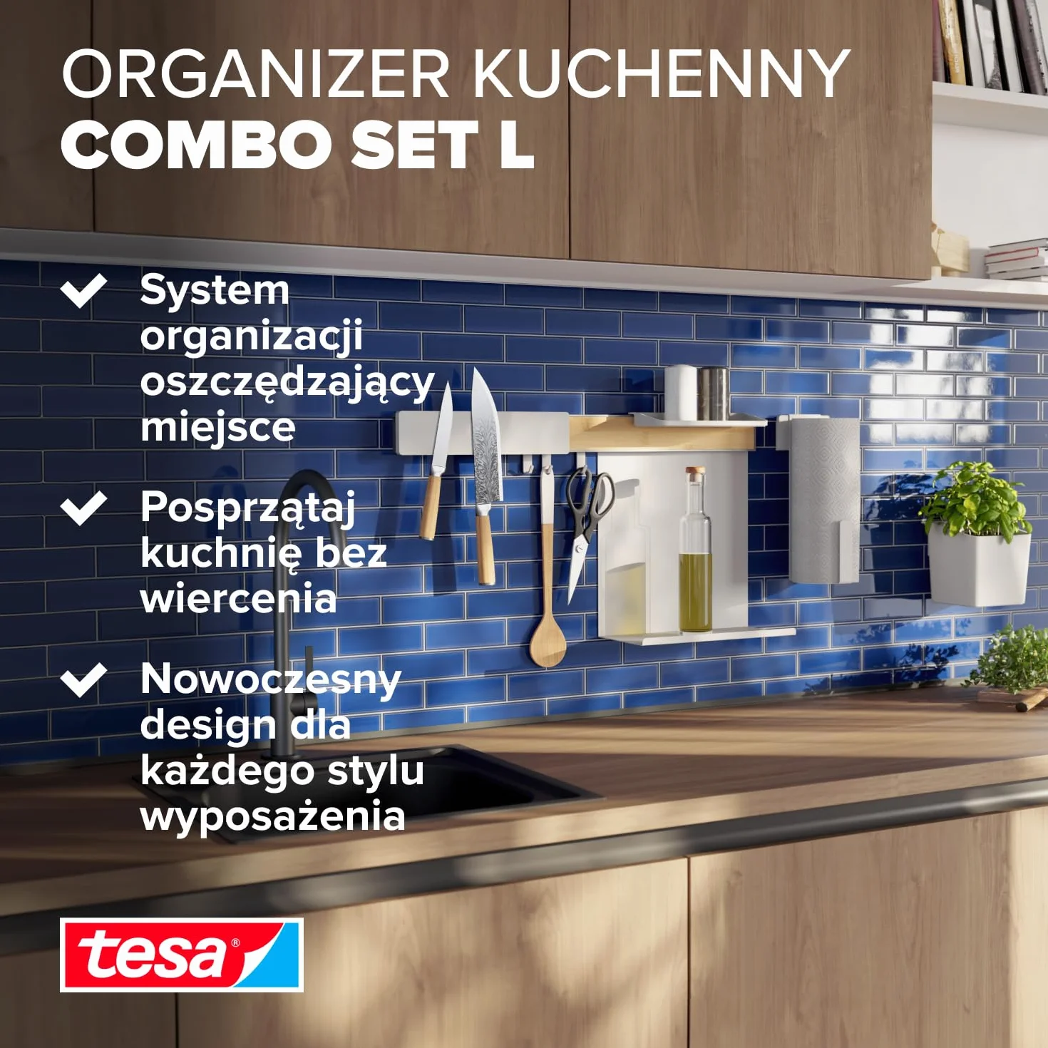 tesa Organizer Kuchenny Combi Set L - samoprzylepny reling kuchenny, doniczka na zioła, 2 półki, uchwyt na noże, uchwyt na rolki kuchenne, szyna z 3 haczykami - montaż bez wiercenia - bambus/biały
