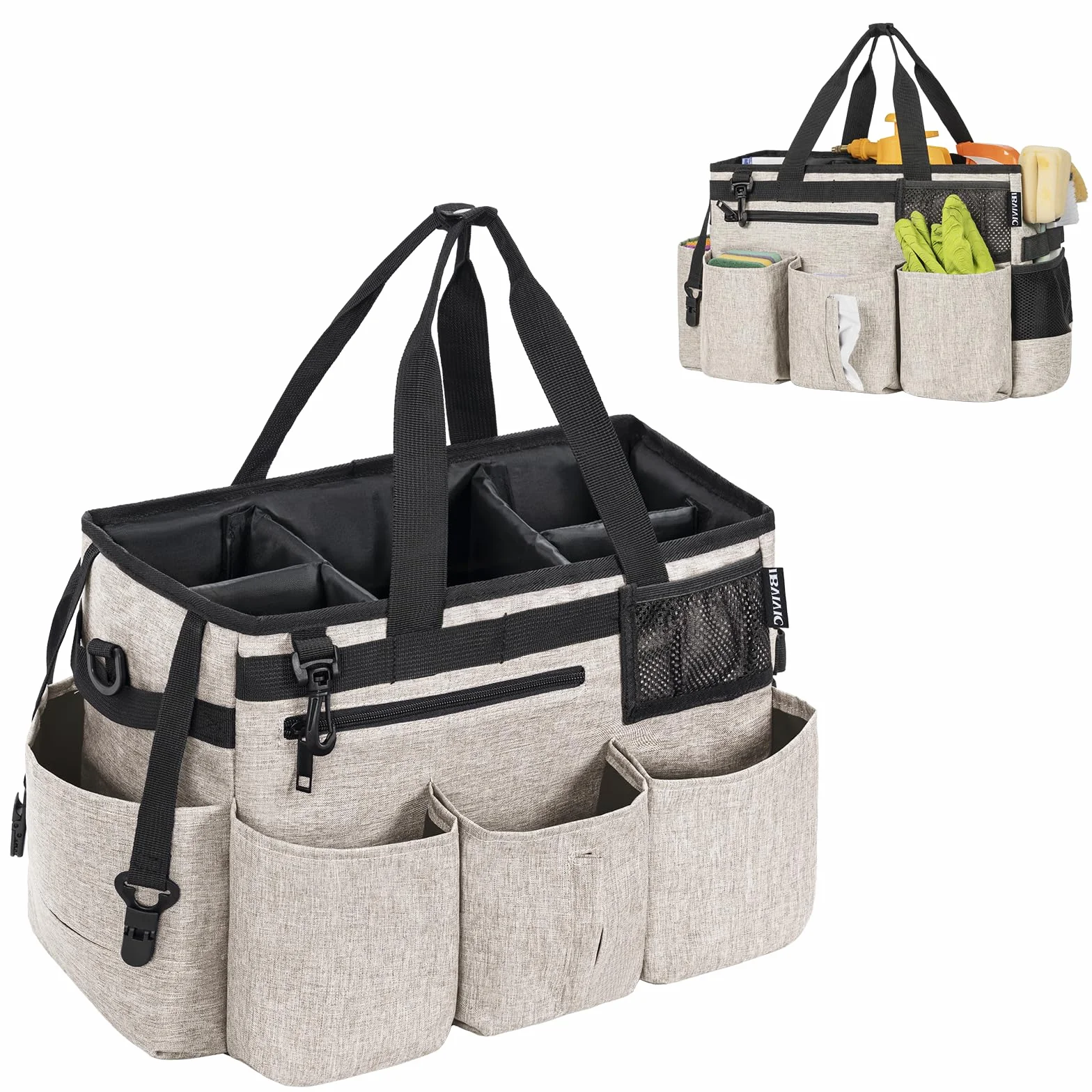 OUUTMEE Torba do czyszczenia 20 x 38 x 26 cm, z wyjmowaną przegródką, torba do czyszczenia, przenośny organizer na środki czyszczące, z regulowanym paskiem na ramię, beżowa, duża