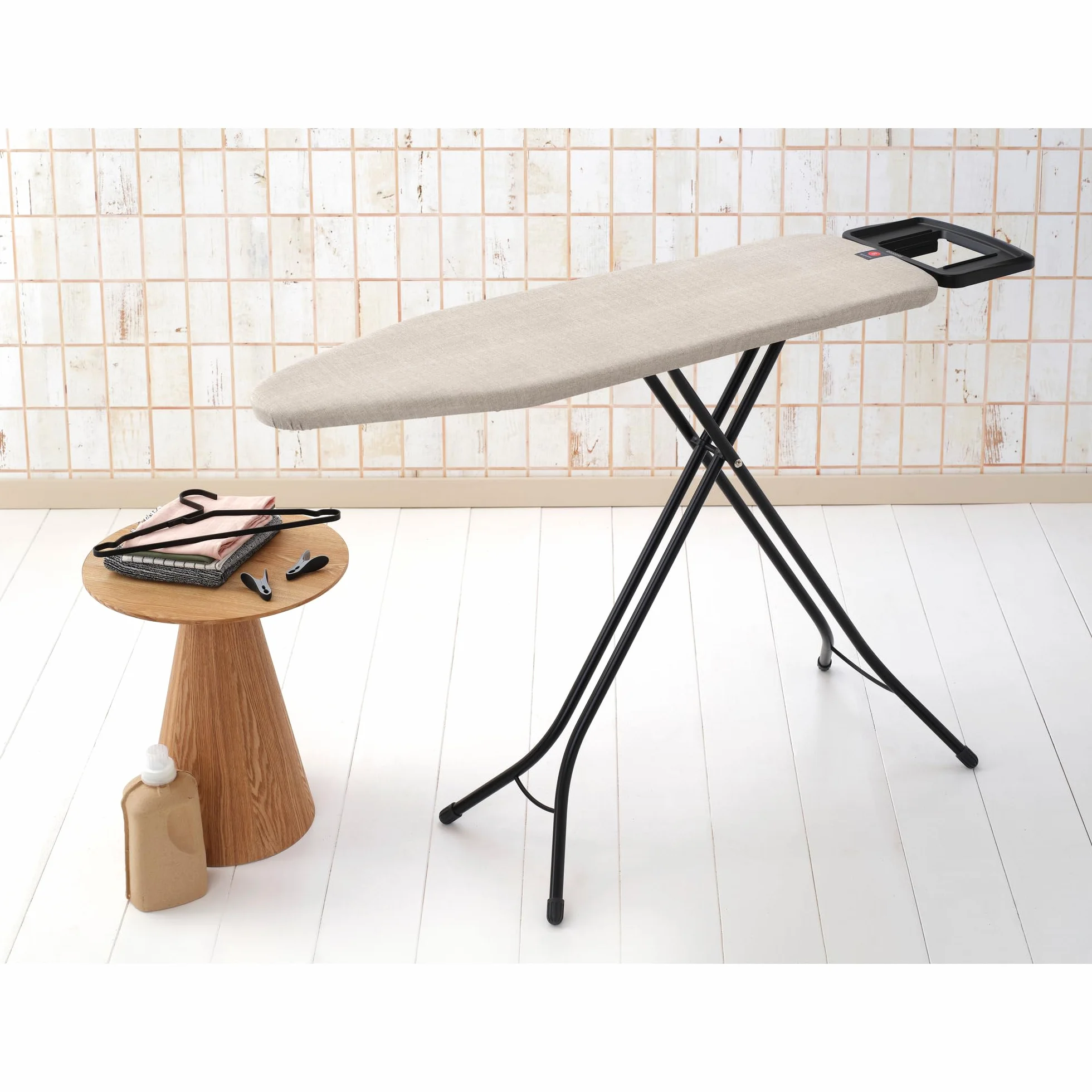 Brabantia Ironing Board B, 124x38cm - Denim Grey | 100% Fairtrade Cotton | 8mm Foam Layer | Stable & Anti-Wobble Frame | Foldable with Adjustable Height & Solid Steam Iron Rest