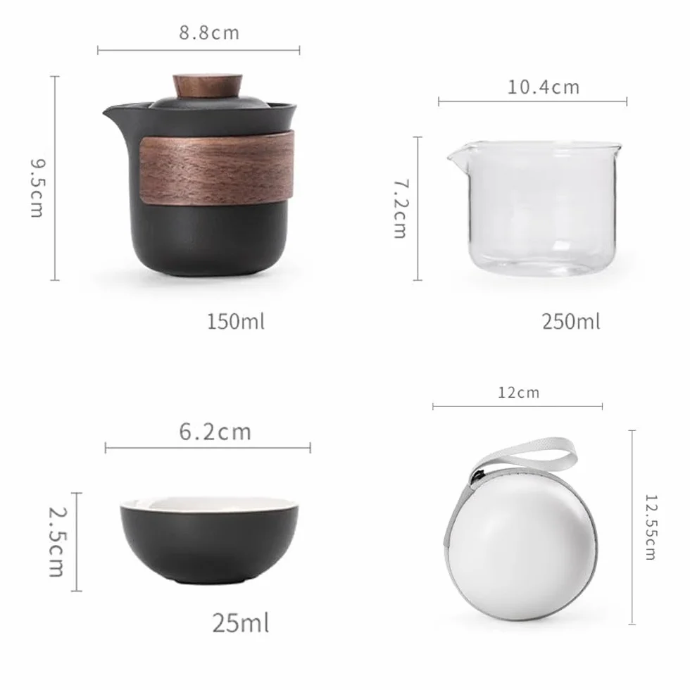 Porcelanowy podróżny zestaw do herbaty z 1 czajnikiem, 1 serwerem do herbaty i 3 filiżankami do herbaty z przenośnym woreczkiem podróżnym - czarny