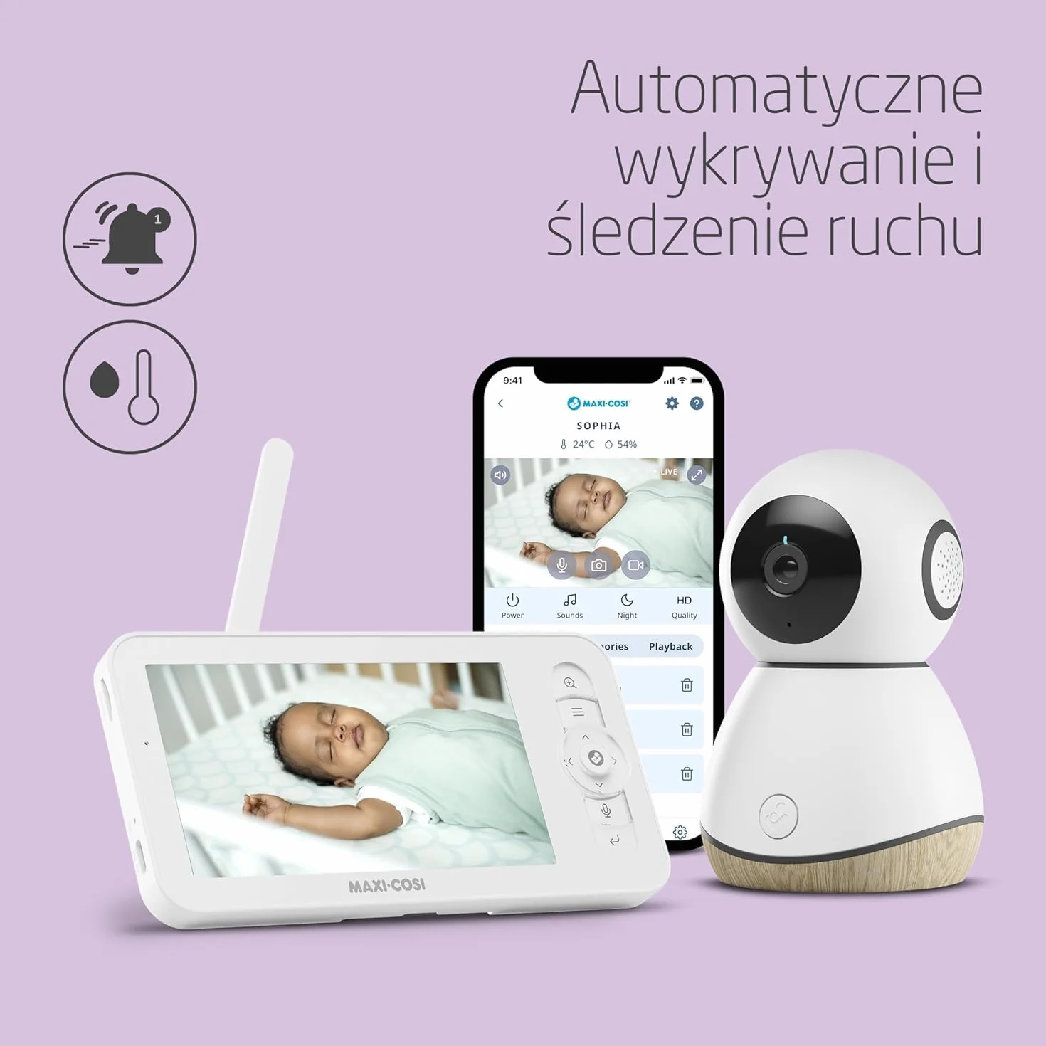 Maxi-Cosi See Pro Kamerka, inteligentna kamerka z aplikacją, kamerka wideo do pokoju dziecięcego, tłumacz płaczu, autowykrywanie ruchu, wideo UHD (2K), ekran 5”, element Maxi-Cosi Connected Home