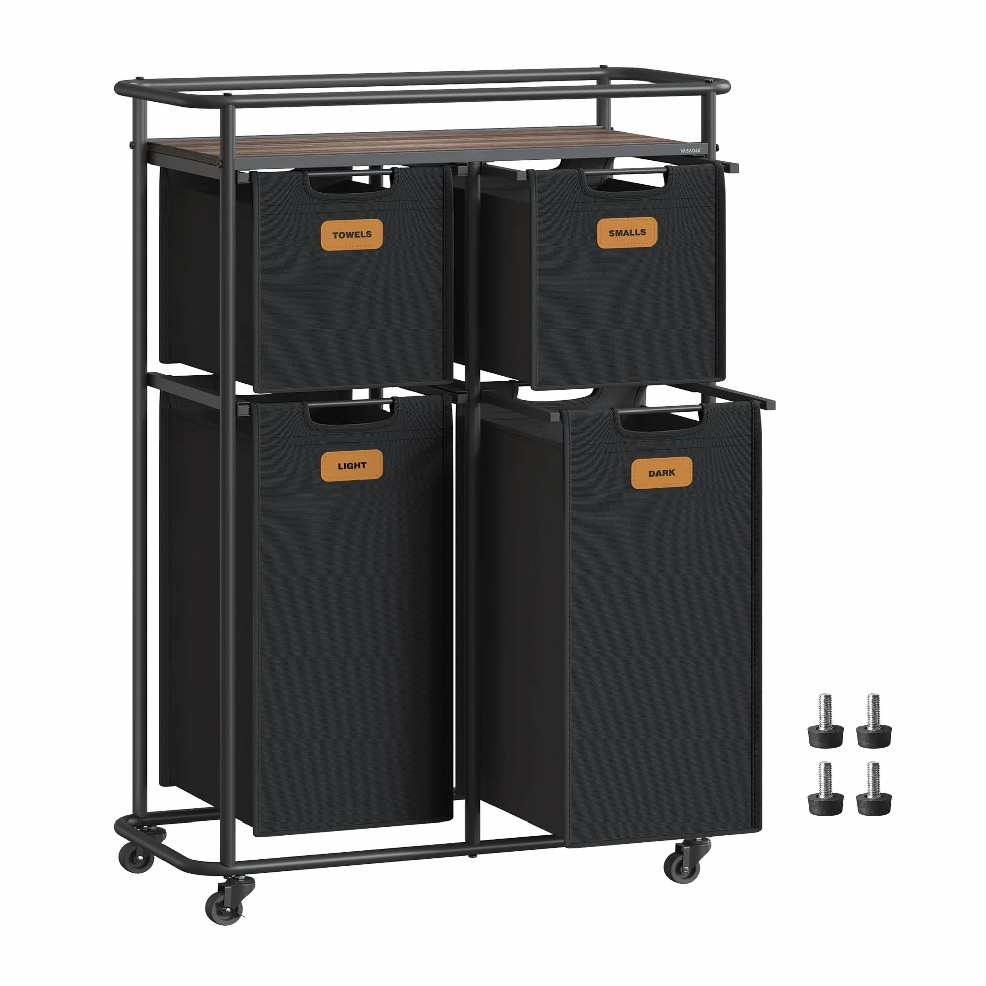 VASAGLE sorter do prania, kosz na pranie na kółkach, 150 L składany kosz na pranie, przenośny wózek do prania z półką, 4 zdejmowane wkładki i 6 etykiet, kolor czarny i kasztanowy RLS100B01