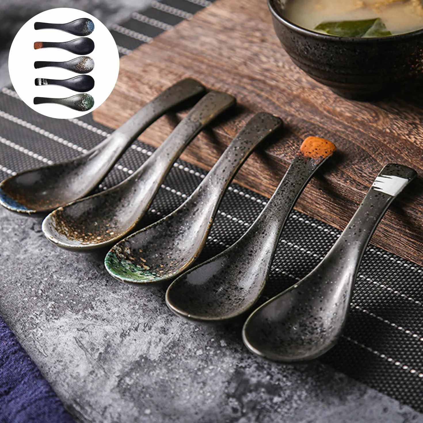 5 sztuk ceramicznych łyżek, retro chińskie łyżki do zupy ramen japońskie łyżki do zupy, azjatycki ramen makaron sztućce, sztućce do gospodarstwa domowego, łyżka do zupy (czarne)