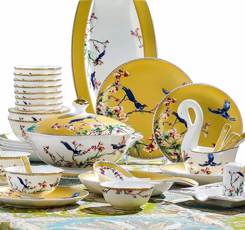 Zestaw naczyń obiadowych z porcelany kostnej Wzór kwiatowy sroki, 70-częściowa ceramika Zastawa stołowa Zestawy obiadowe, talerze i zestawy misek