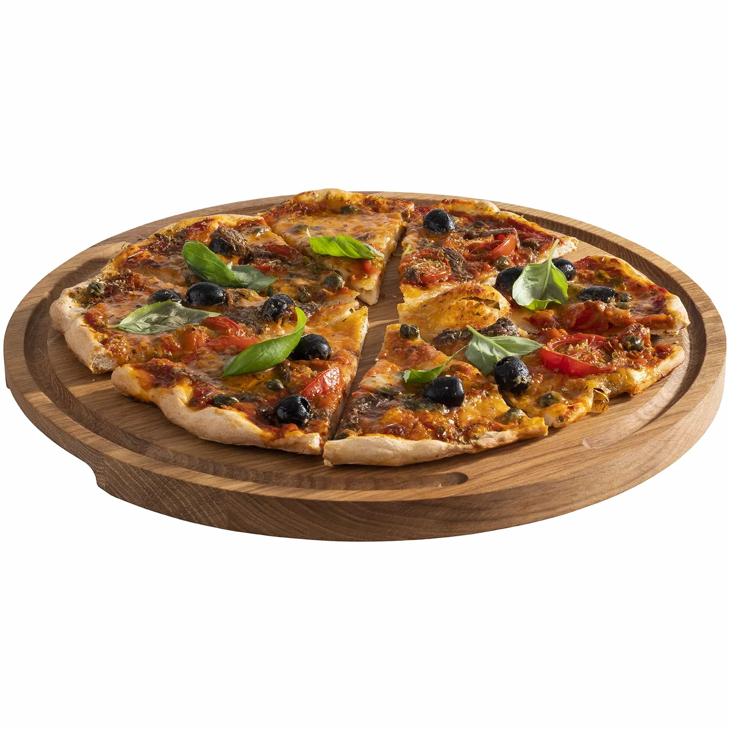 APS 757 Deska do serwowania Pizza z olejowanego drewna dębowego, Ø 34 cm, z rynną na sok