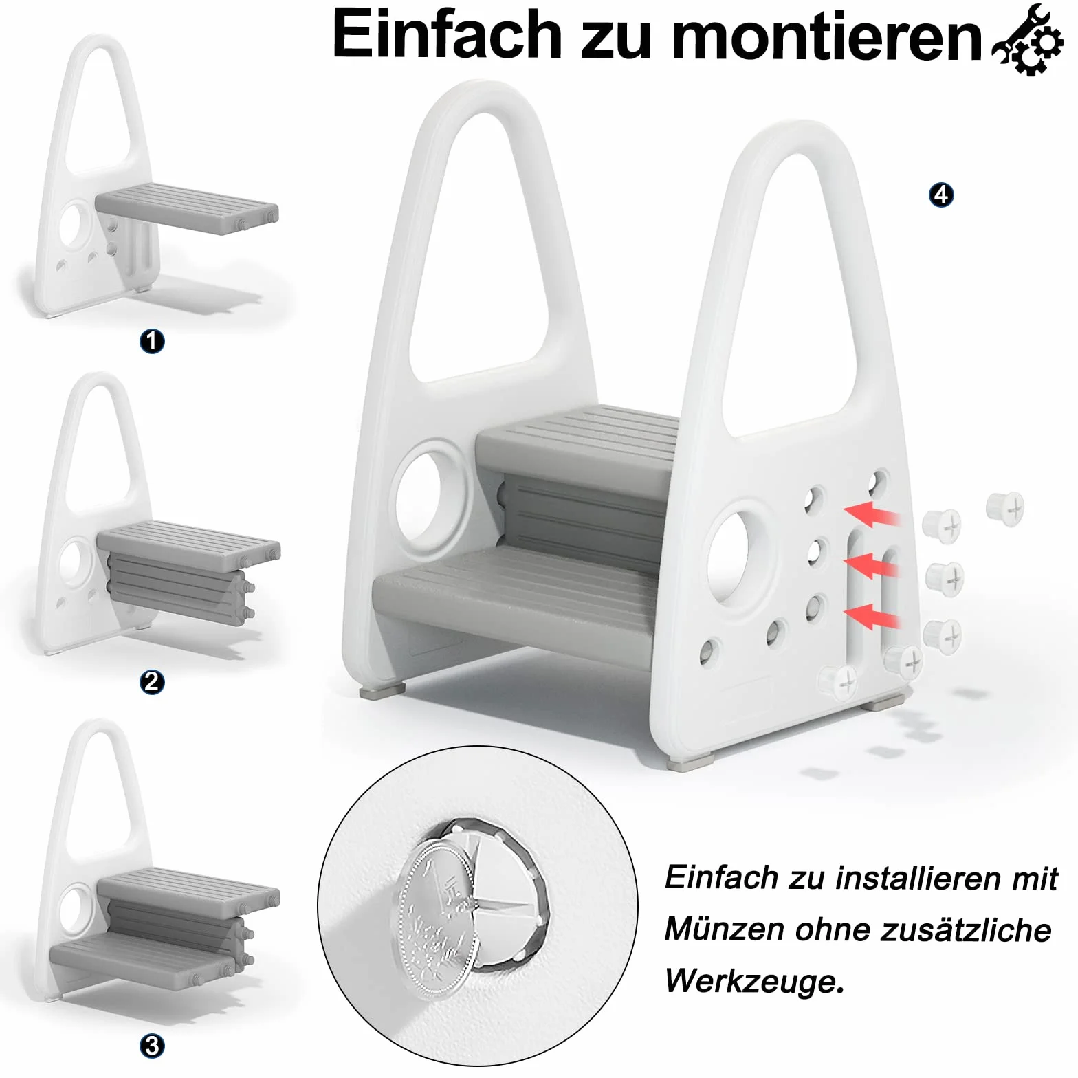 UISEBRT Taboret dla dzieci, 2 poziomy, stołek dziecięcy, dla małych dzieci, wieża do nauki, antypoślizgowa, z tworzywa sztucznego, do łazienki, sypialni, kuchni, pokoju dziecięcego, szary
