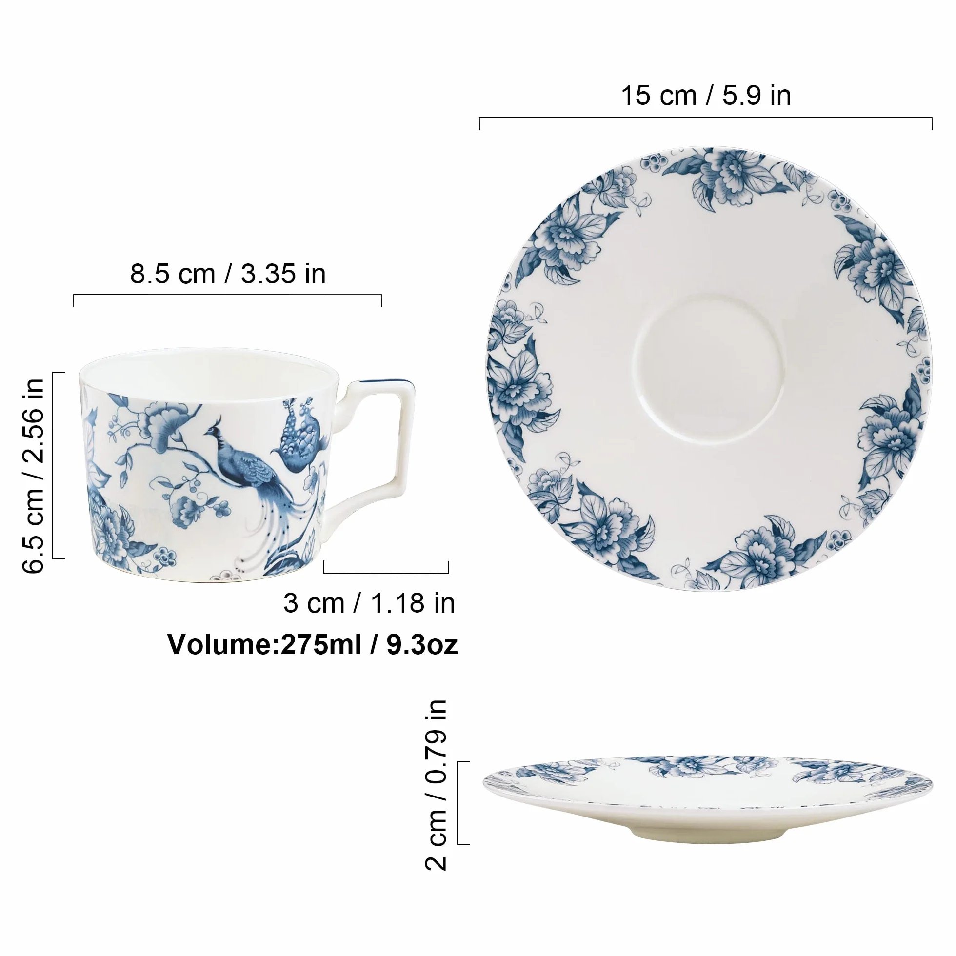 Fanquare Bone China Filiżanka do Herbaty i Spodek 250 ml - Zestaw na 1, Niebieska i Biała Filiżanka Kawy z Talerzem, Brytyjskie Kwiaty, Porcelana dla Kobiet