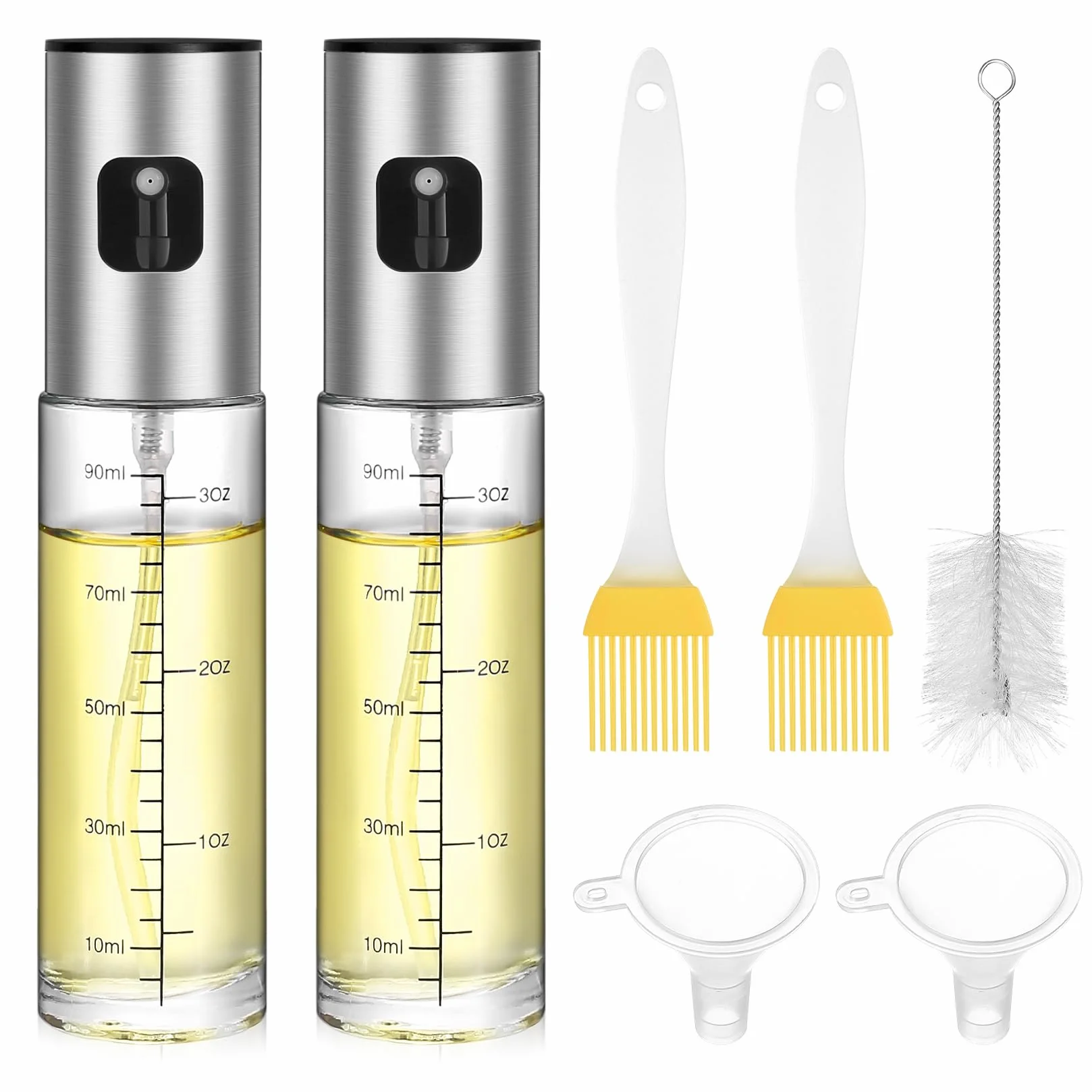2 x butelka z rozpylaczem do oliwy gotówkowej, 100 ml, szklany spryskiwacz frytkownicy, dozownik butelek do octu, z 2 lejkami