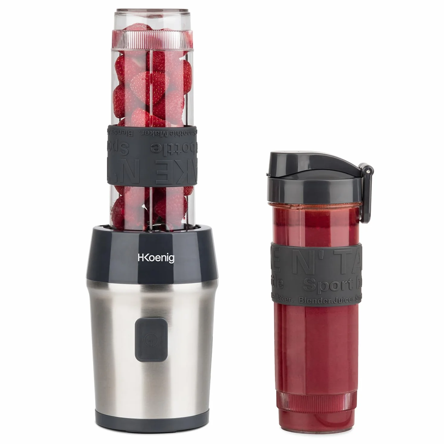 H.Koenig Smoothie Maker SMOO9 – mini blender – 300 W – 570 ml – stal szlachetna – 2 butelki z tworzywa sztucznego – nie zawiera BPA