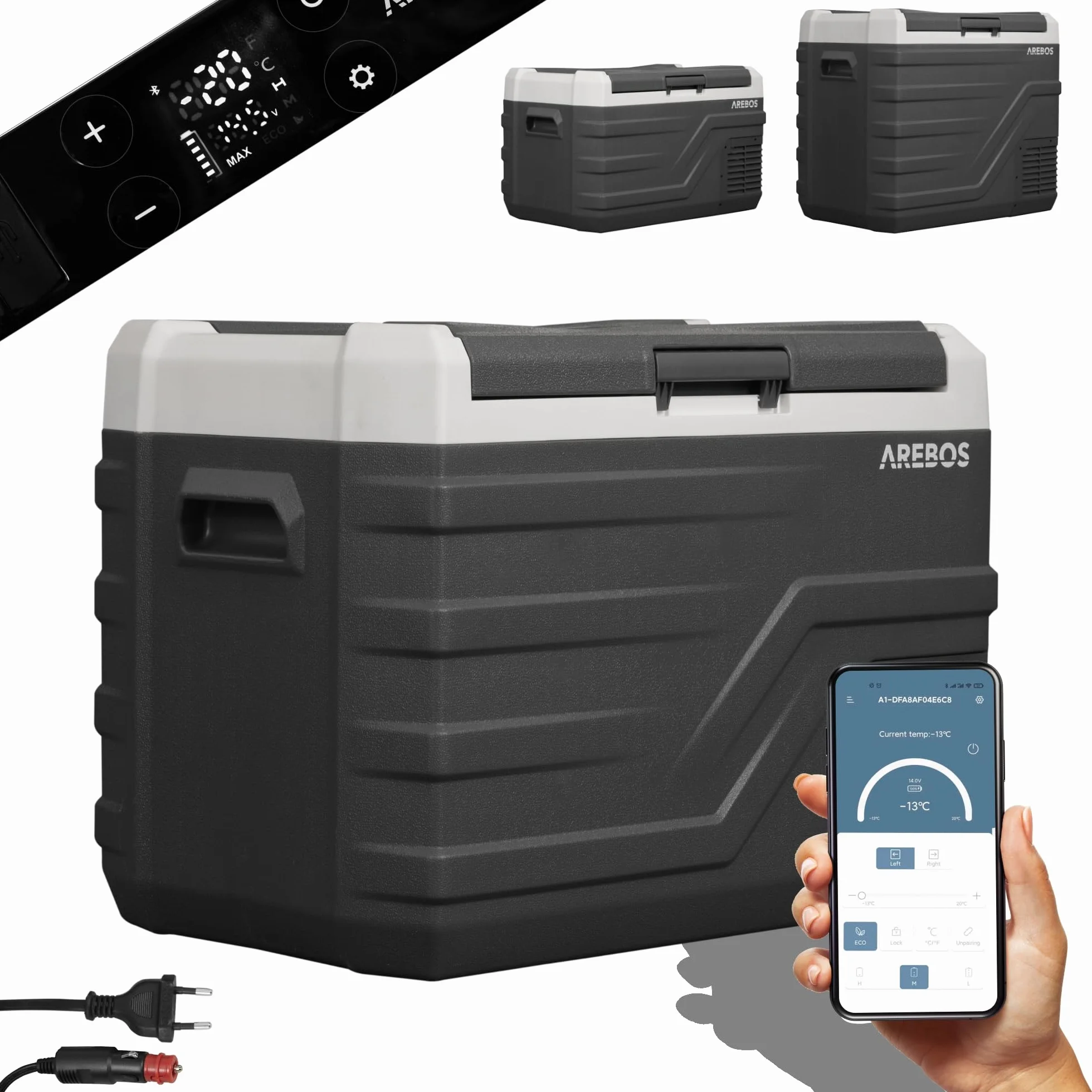Arebos Lodówka kompresorowa, 35 l | elektryczna zamrażarka z aplikacją i inteligentnym sterowaniem |mobilna lodówka ze złączem USB | do -20 °C | 12/24 V, 230 V | do samochodu, ciężarówki, kempingu