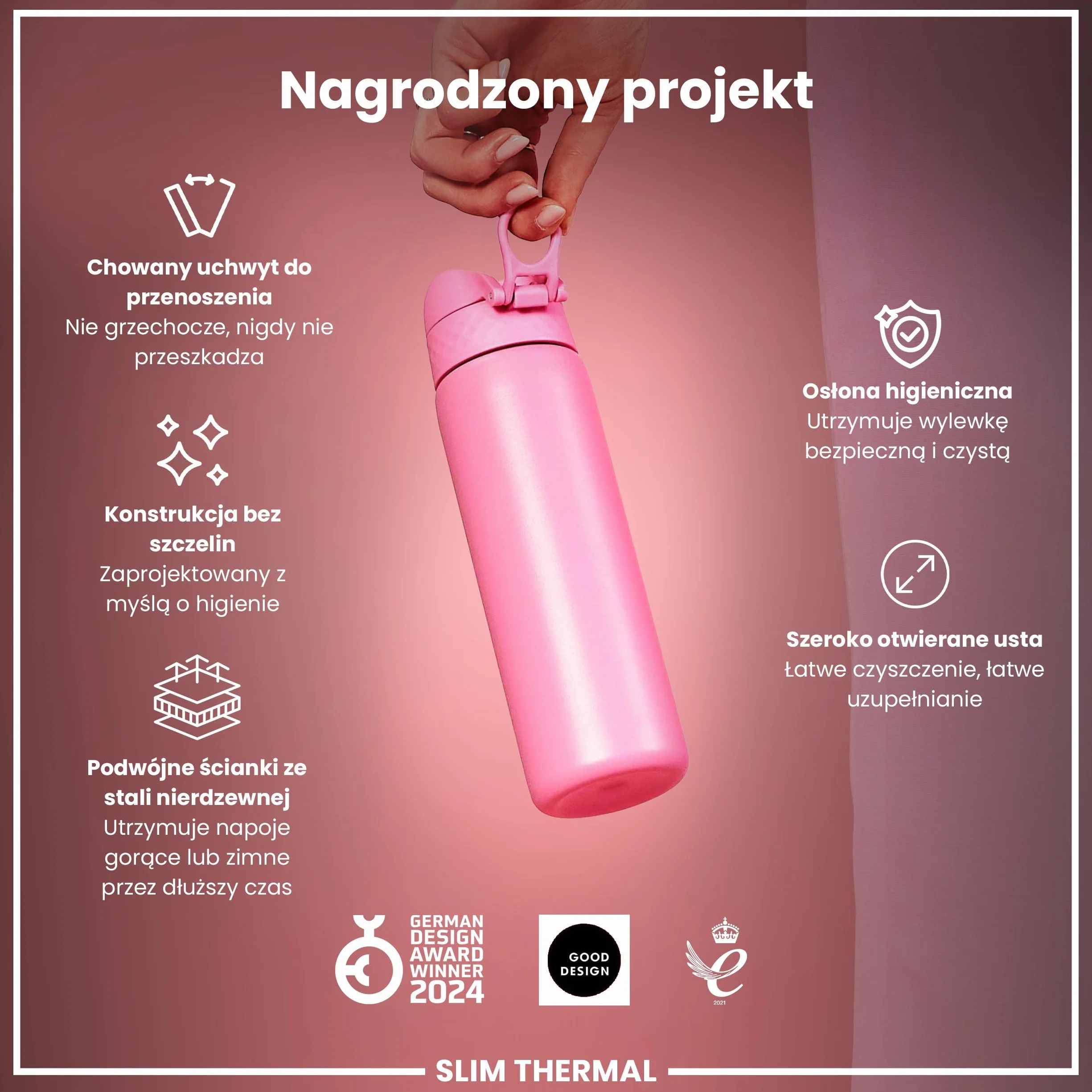 ION8 Termoizolowana Butelka na Wodę, Stali Nierdzewnej, 500 ml/18 oz, Szczelna, Łatwa w Otwieraniu, Bezpieczny Zamek, Można Myć w Zmywarce, Uchwyt do Przenoszenia, Metalowa Butelka, Kwiat Róży