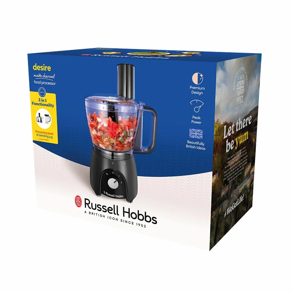 Russell Hobbs Robot kuchenny [Blender/Rozdrabniacz/Młynek/Krajalnica do warzyw] Mikser elektryczny (Do wyrabiania, krojenia, siekania i szatkowania, Moc szczytowa 900W) Matte Charcoal 27111-56