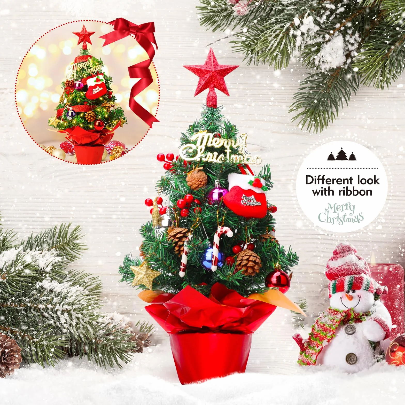 Mini choinka 60 cm, mała choinka z oświetleniem LED, stół, choinka, mała, sztucznie zdobiona, choinka, choinka, Boże Narodzenie, dekoracja, czerwona