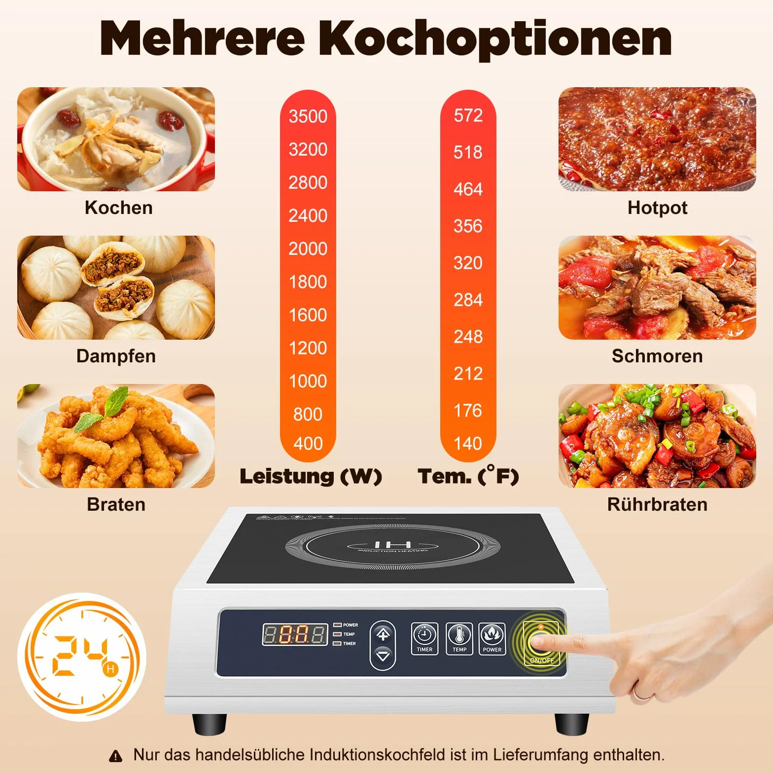 MINRS Pojedyncza płyta indukcyjna 3500 W, płyta indukcyjna, 1 płyta elektryczna, indukcja, 11 mocy, 60-300℃, regulacja temperatury, 24-godzinny timer, zabezpieczenie przed przegrzaniem, obciążenie 5