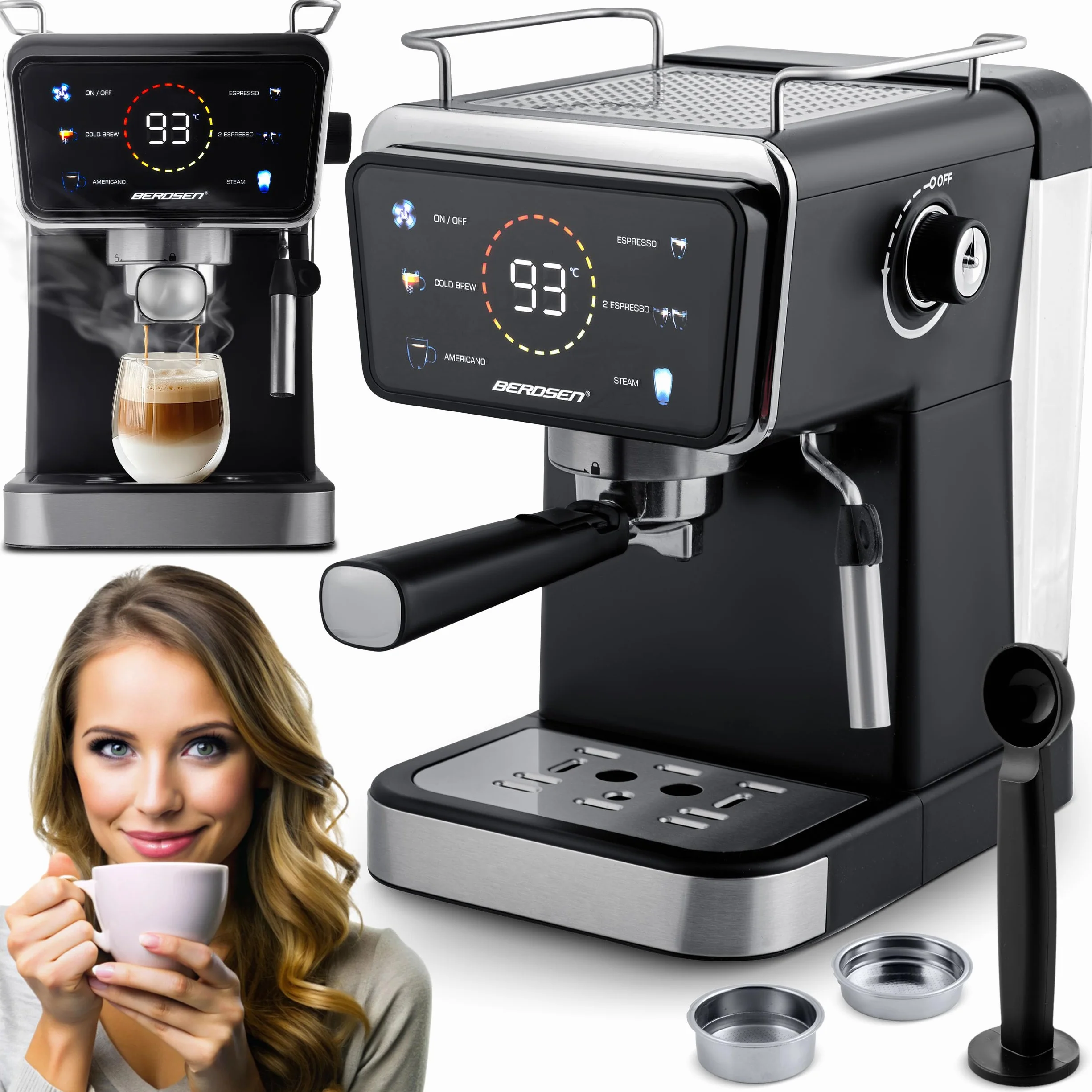 Berdsen Ekspres do Kawy - Kolbowy - 1,5 l 20 bar - Spieniacz do Mleka - 2 Filtry - Cool Espresso - Czarny