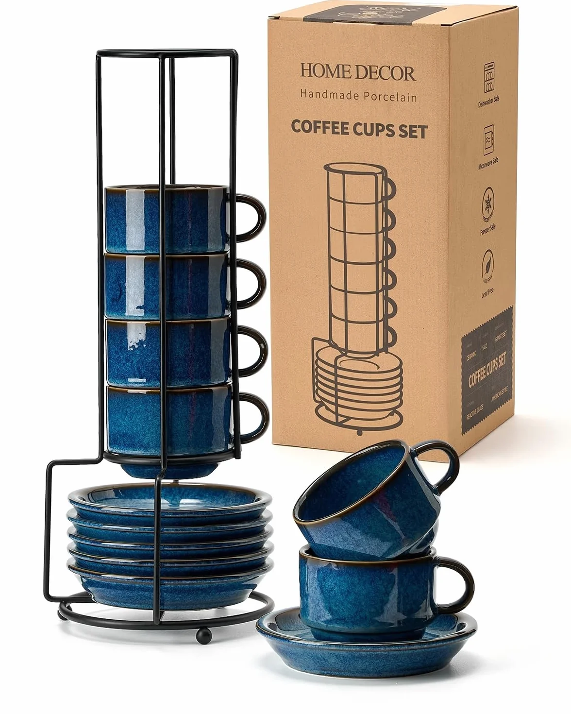 HOME DECOR Zestaw filiżanek do espresso - reaktywny proces szkliwienia - 6 x 140 ml filiżanek do kawy z spodkiem i podstawką - Eleganckie ceramiczne filiżanki do espresso i latte - reaktywne