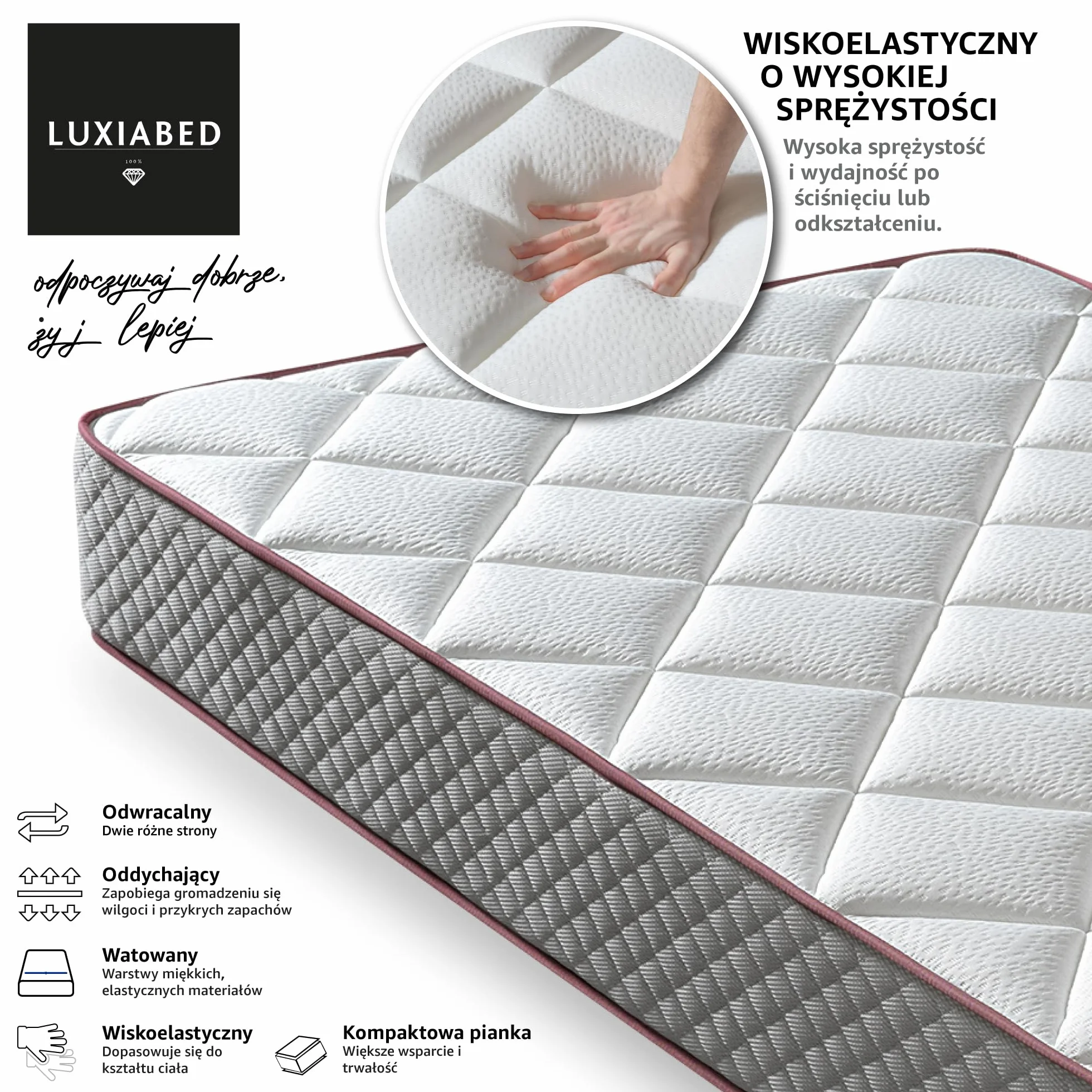 LUXIABED Materac 90x200 wiskoelastyczny Plus dwustronny Flexycell Komfort średnia twardość szary Elixir wysokość 14 cm