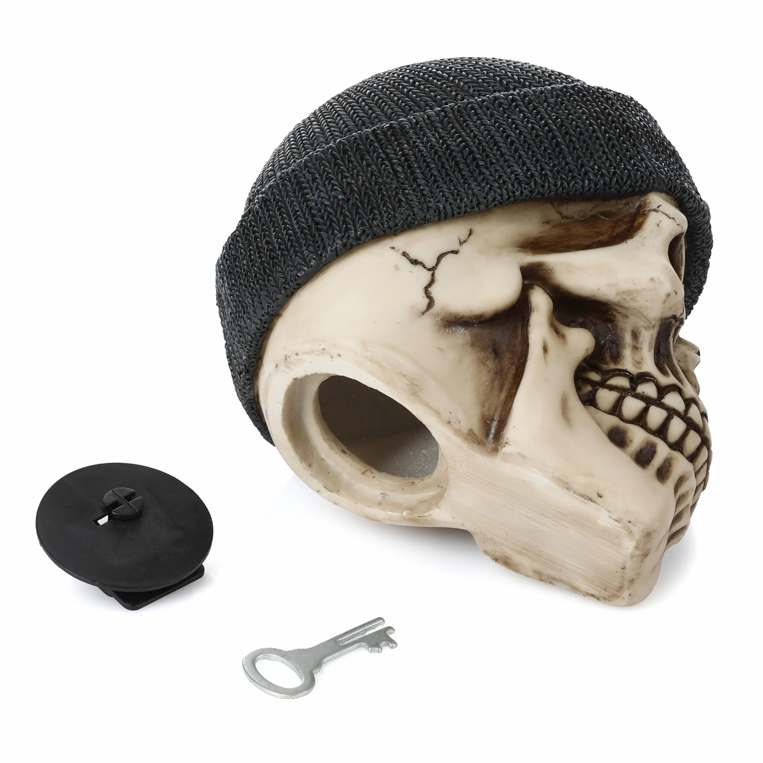 FunX Skarbonka z trupią czaszką – zabawna skarbonka z czapką rybacką – 15 x 12 x 10 cm