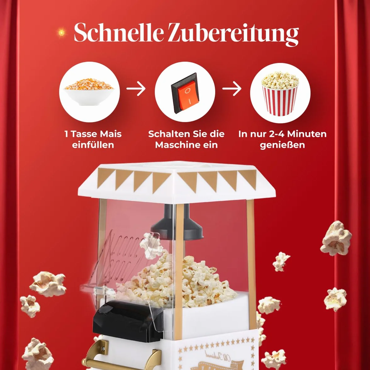 NK Retro popcorn elektryczny maszyna do popcornu 1200 W, łatwy w użyciu przycisk, gotowy do przygotowania w 2 minuty, gorące powietrze, rozmiar 0,3 l, przenośny, idealny do domu (biały)