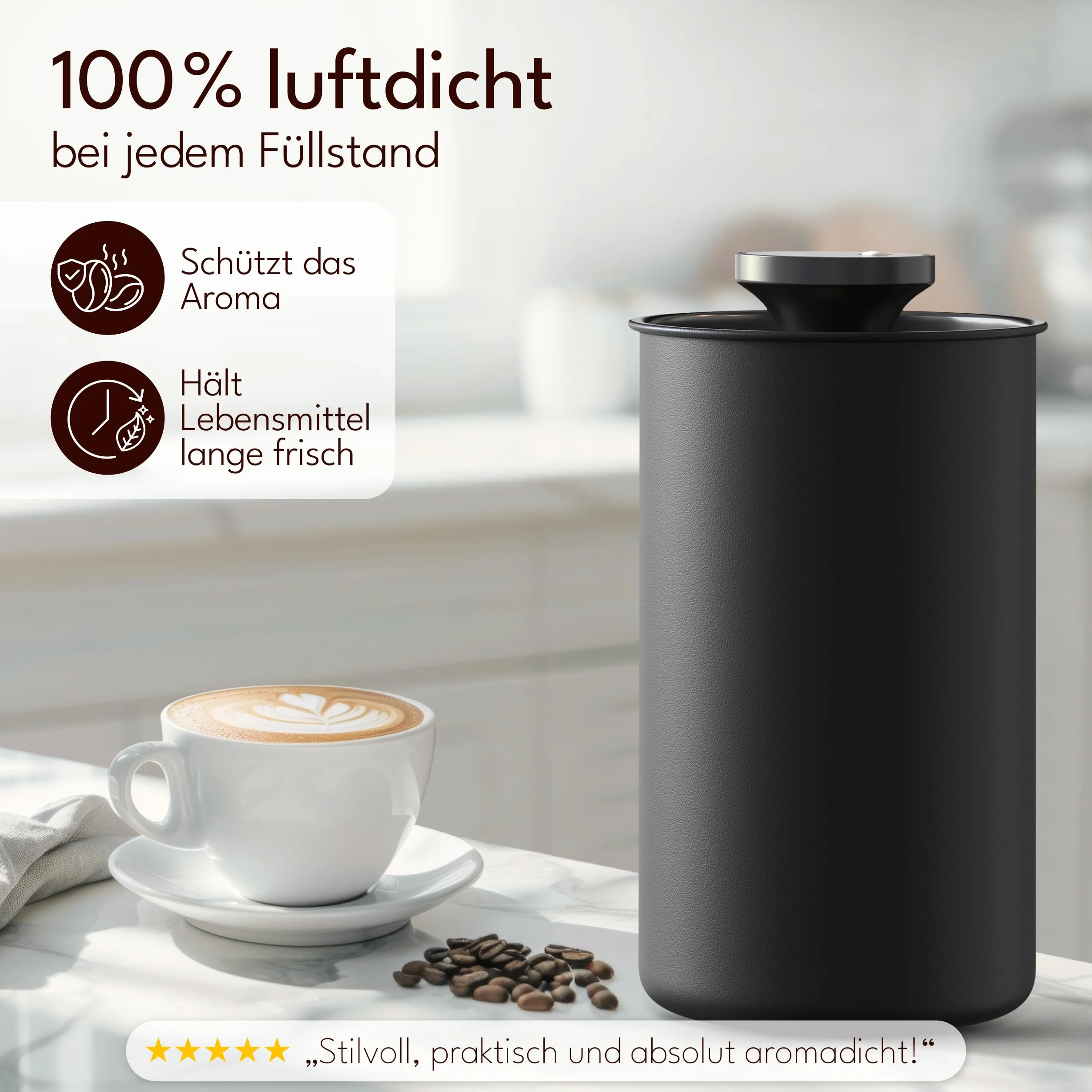 KC Kitchen & Co. Hermetyczna puszka na kawę na 500 g ziaren kawy – puszka ze stali nierdzewnej z pokrywką próżniową i zamknięciem na aromat – puszka do przechowywania kawy, herbaty, cukru, musli